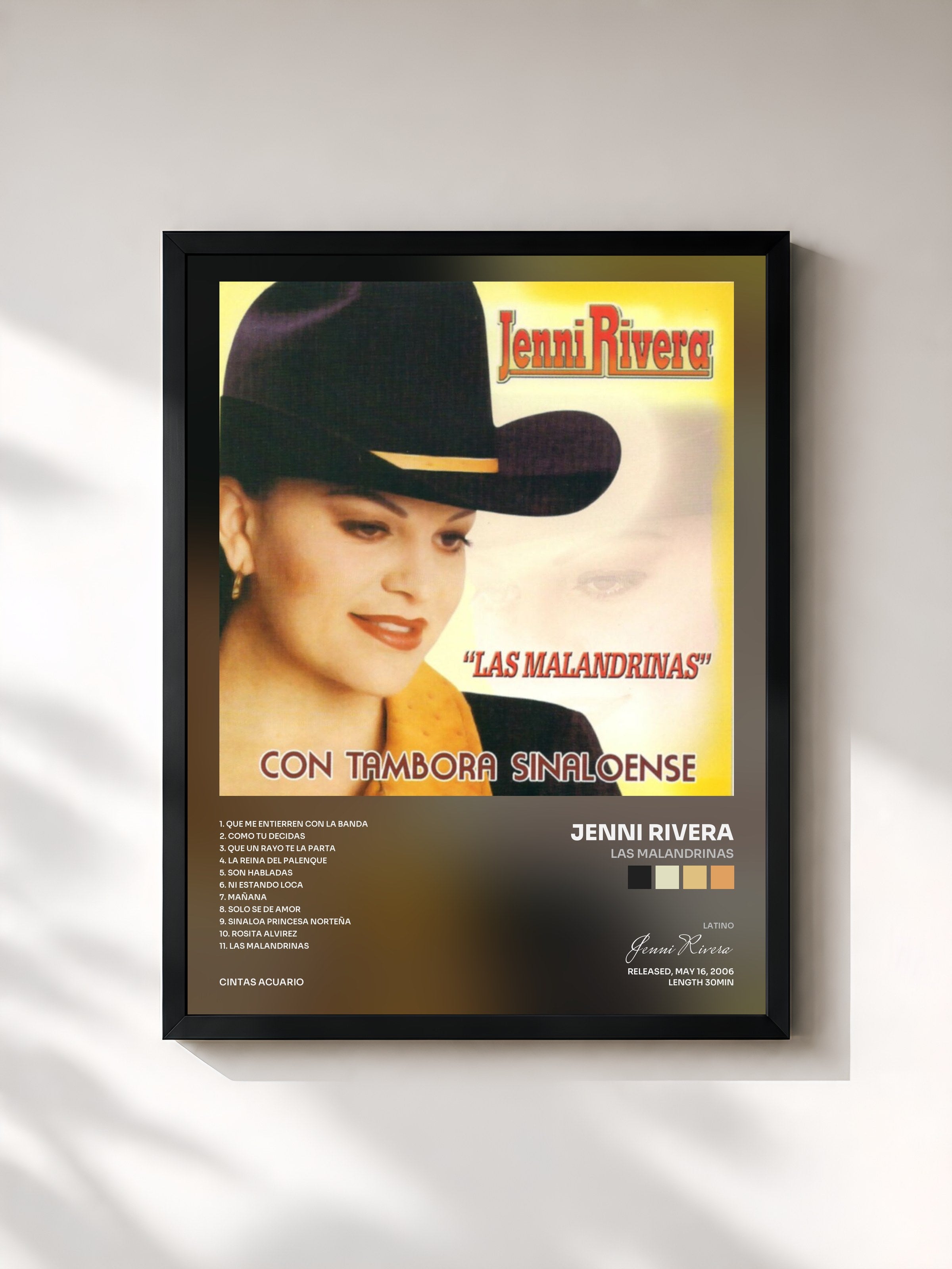 #noir Tableau de l'album Las Malandrinas de Jenni Rivera, cadre noir, imprimé et encadré en France