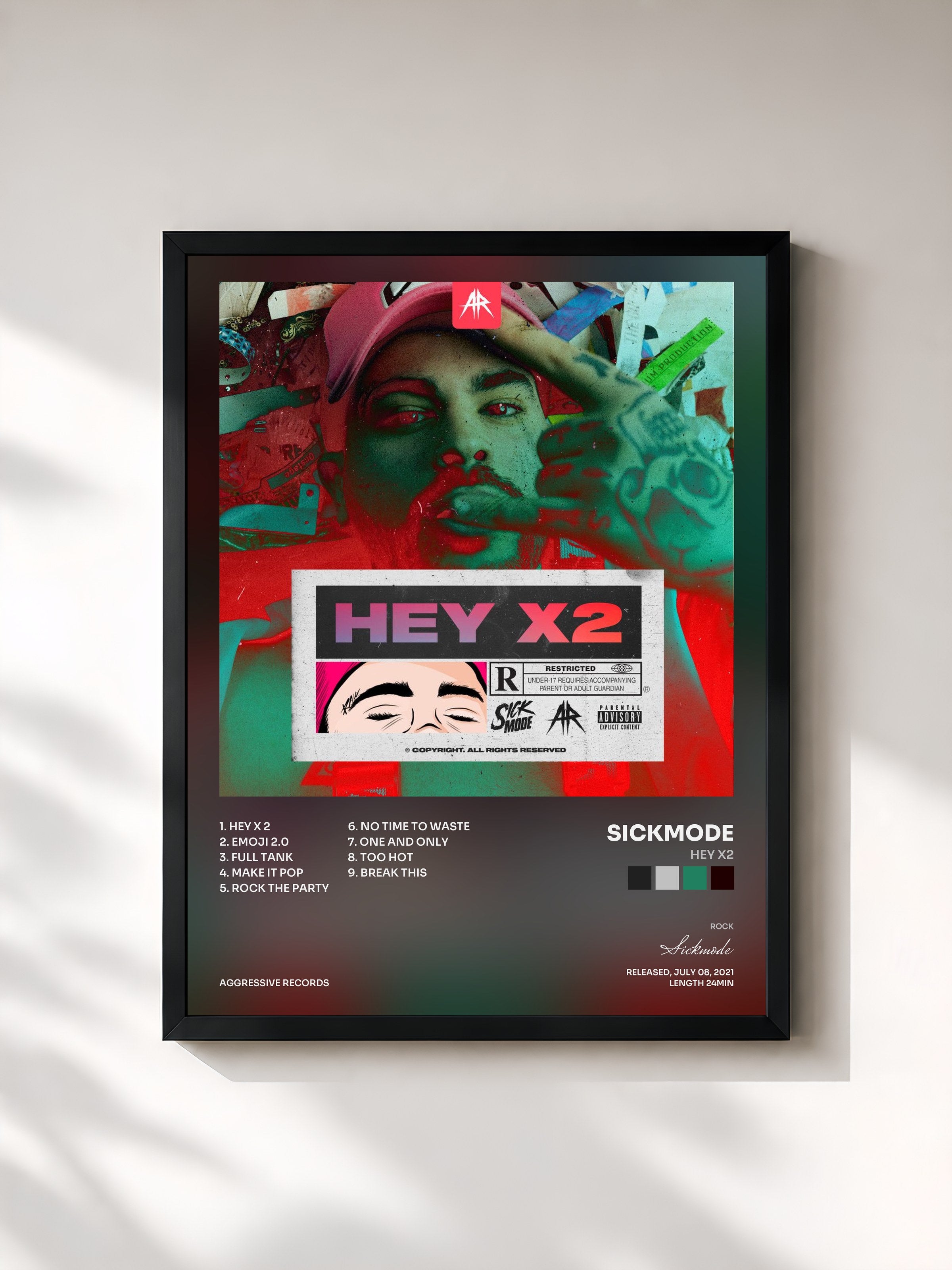 #noir Tableau de l'album HEY X2 de Sickmode, cadre noir, imprimé et encadré en France