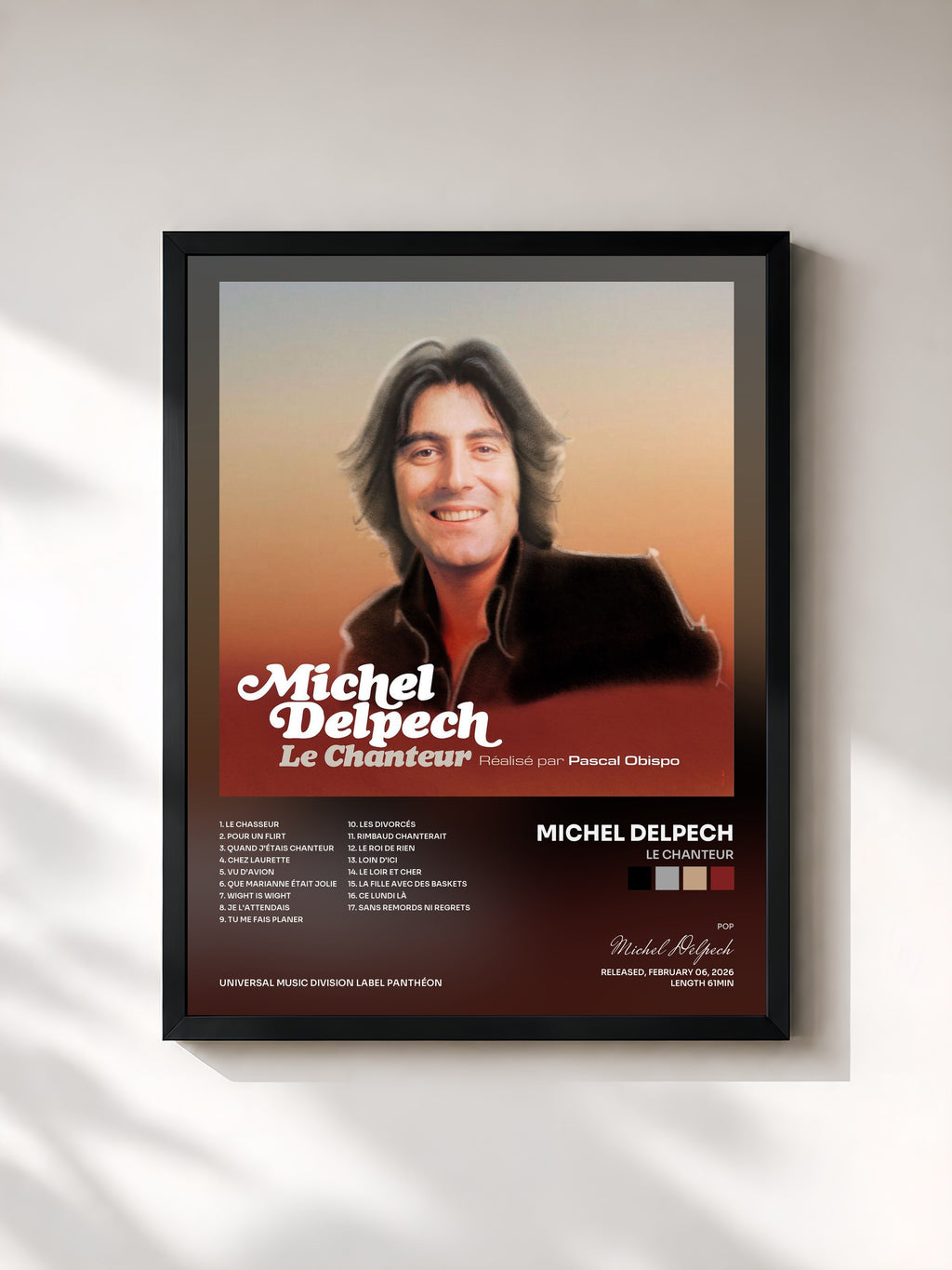 #noir Tableau de l'album Le chanteur de Michel Delpech, cadre noir, imprimé et encadré en France