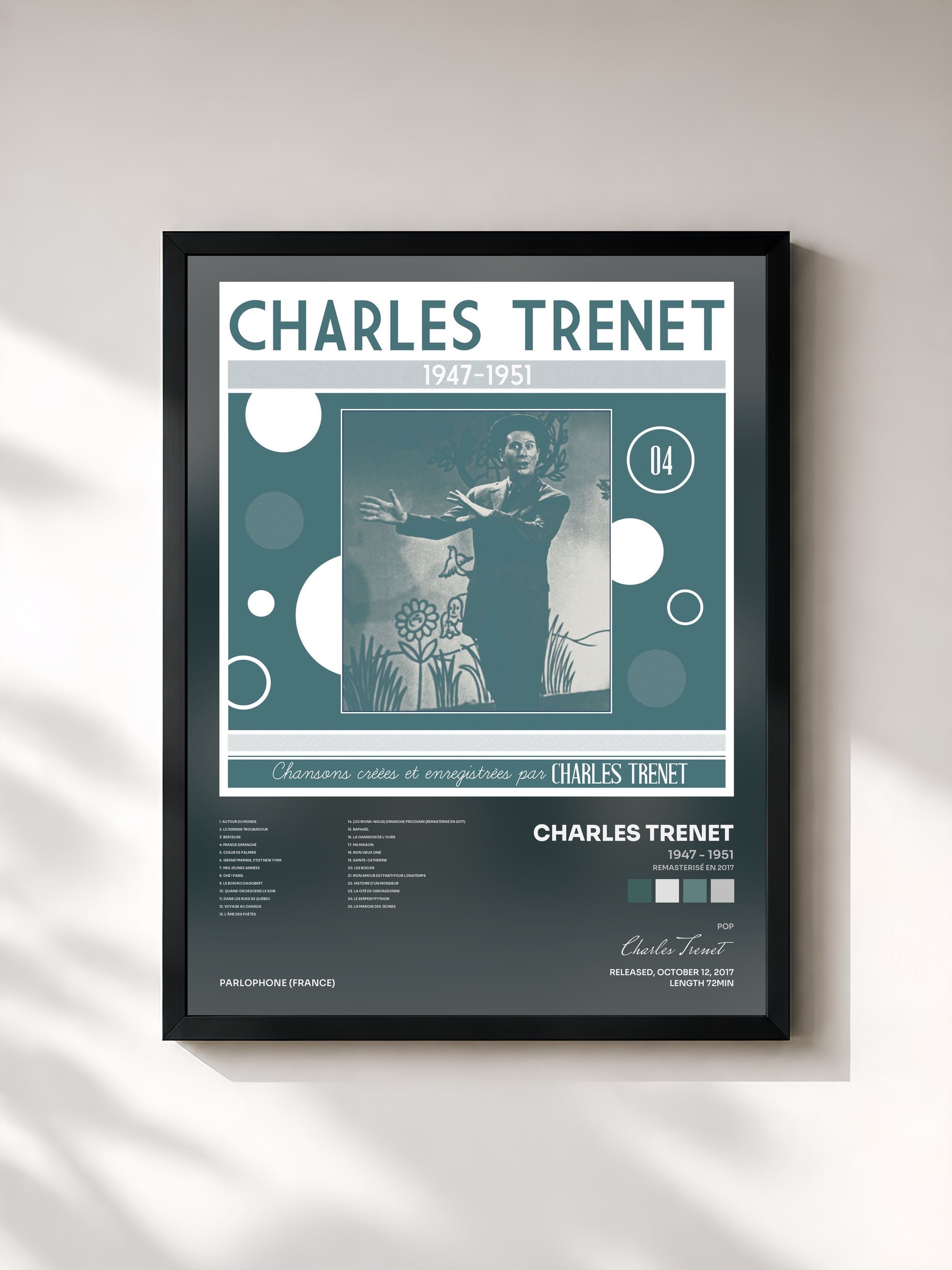 #noir Tableau de l'album 1947 - 1951 (Remasterisé en 2017) de Charles Trenet, cadre noir, imprimé et encadré en France