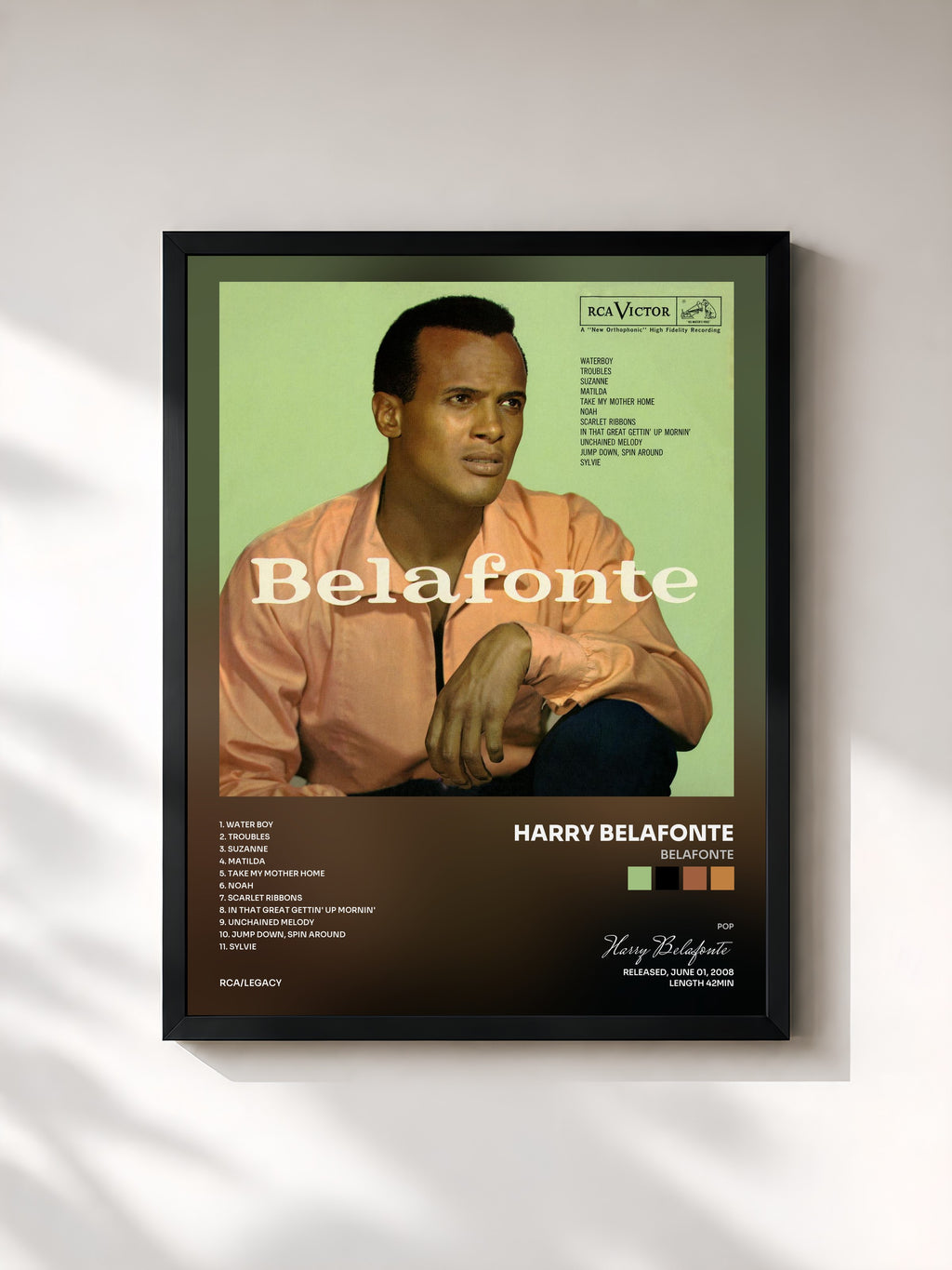 #noir Tableau de l'album Belafonte de Harry Belafonte, cadre noir, imprimé et encadré en France