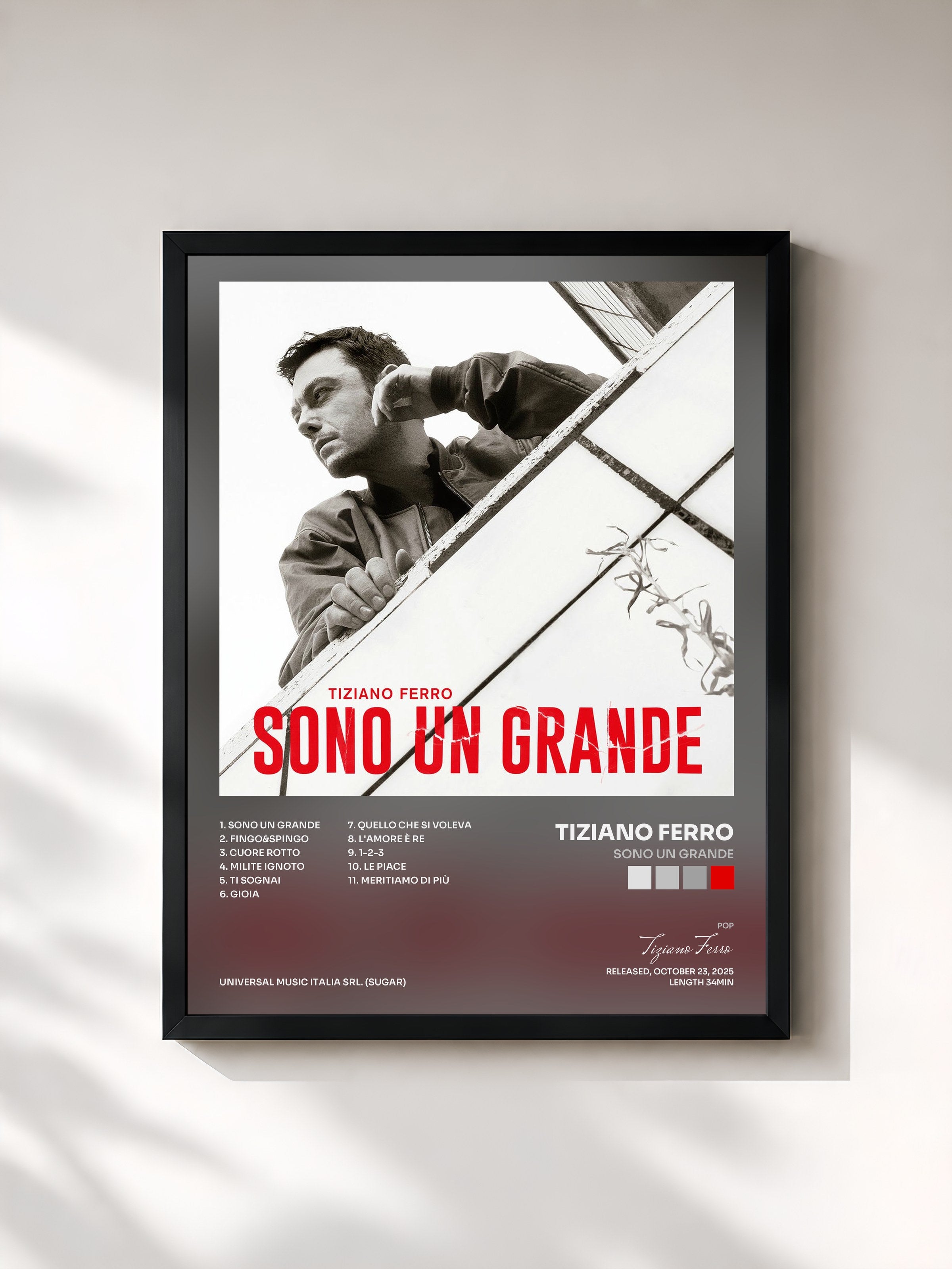 #noir Tableau de l'album SONO UN GRANDE de Tiziano Ferro, cadre noir, imprimé et encadré en France