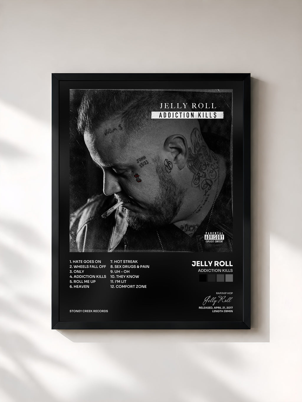 #noir Tableau de l'album Addiction Kills de Jelly Roll, cadre noir, imprimé et encadré en France