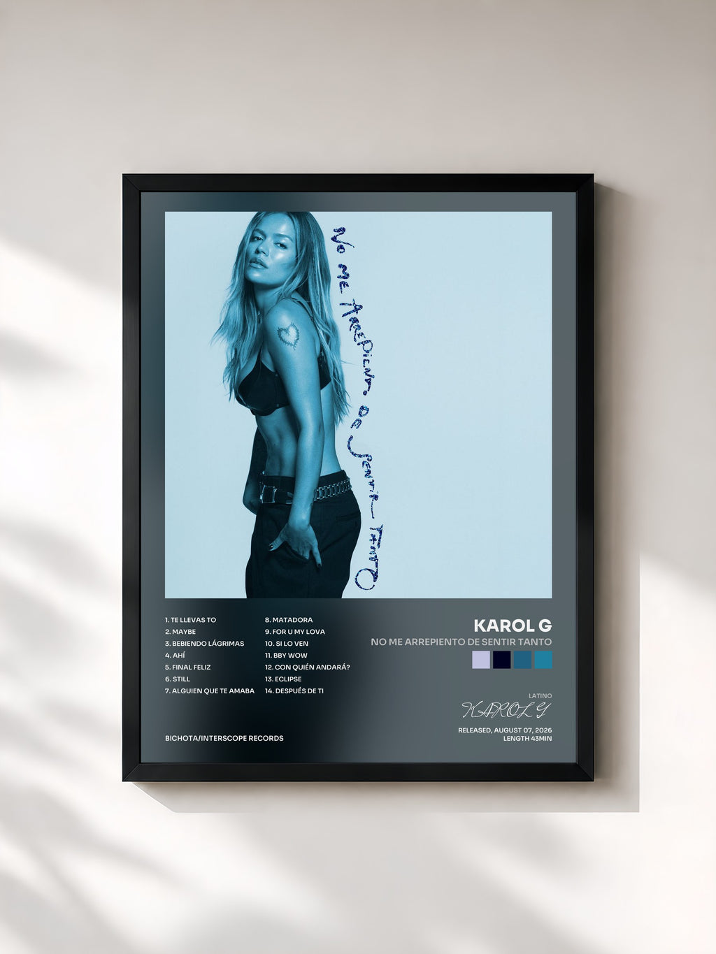 #noir Tableau de l'album NO ME ARREPIENTO DE SENTIR TANTO de KAROL G, cadre noir, imprimé et encadré en France