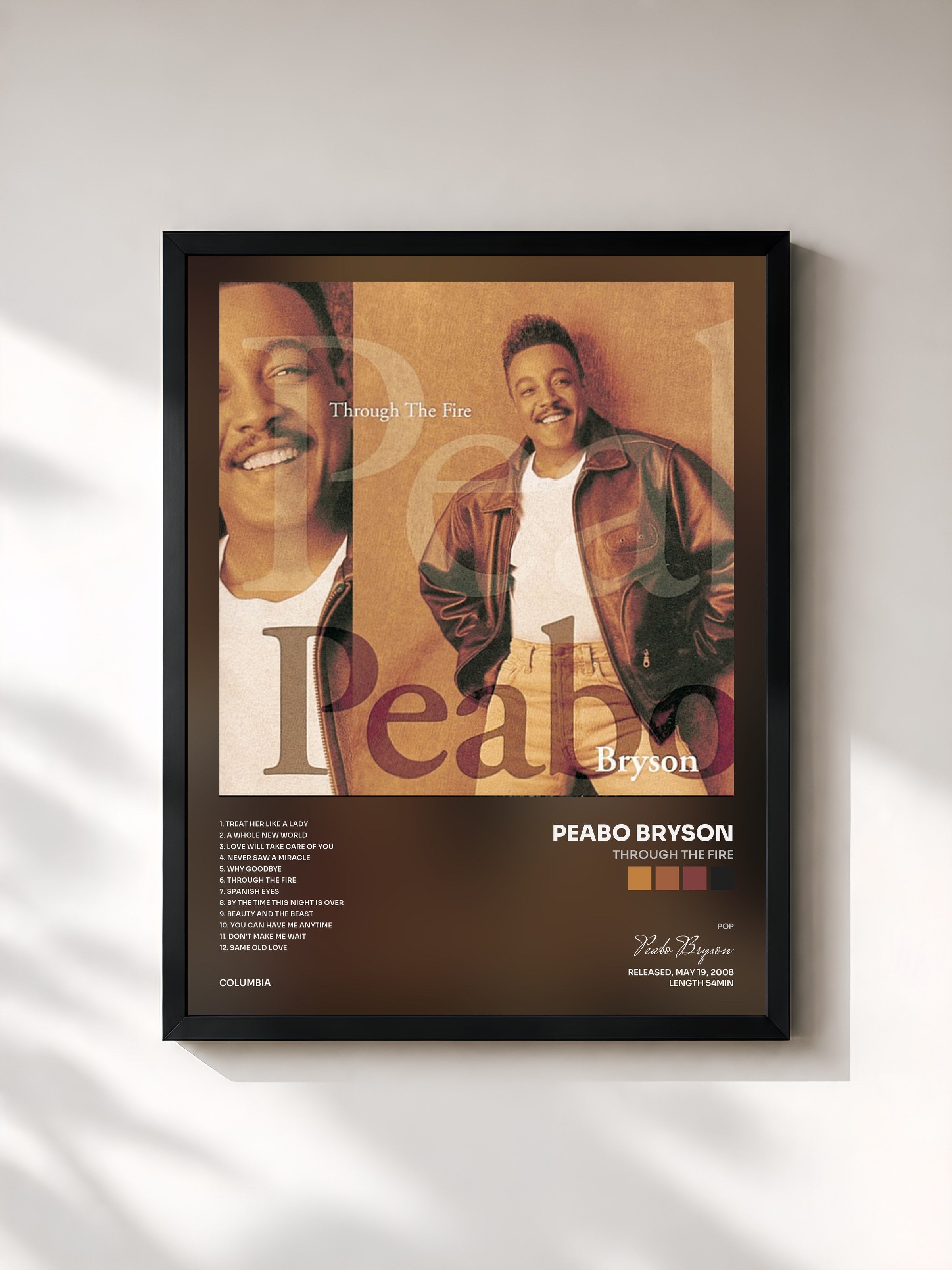#noir Tableau de l'album Through The Fire de Peabo Bryson, cadre noir, imprimé et encadré en France