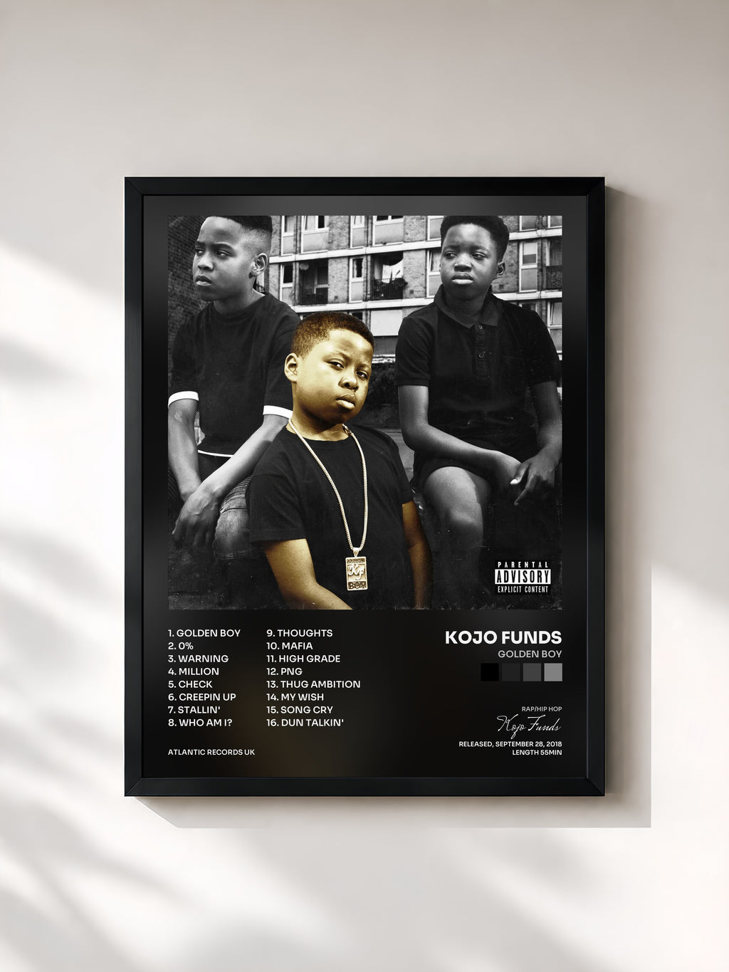 #noir Tableau de l'album Golden Boy de Kojo Funds, cadre noir, imprimé et encadré en France
