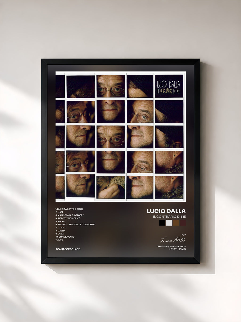 #noir Tableau de l'album Il Contrario Di Me de Lucio Dalla, cadre noir, imprimé et encadré en France