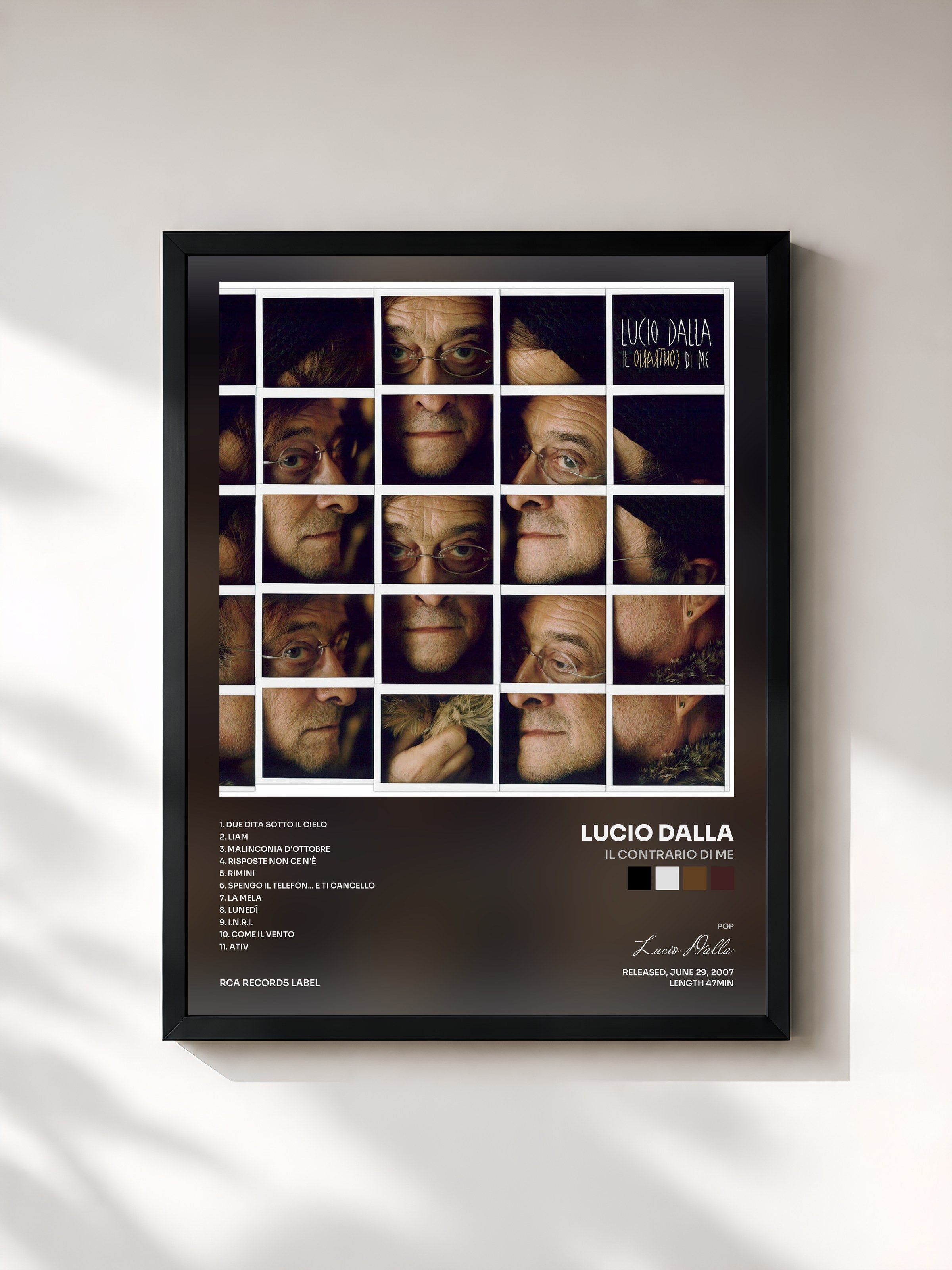 #noir Tableau de l'album Il Contrario Di Me de Lucio Dalla, cadre noir, imprimé et encadré en France