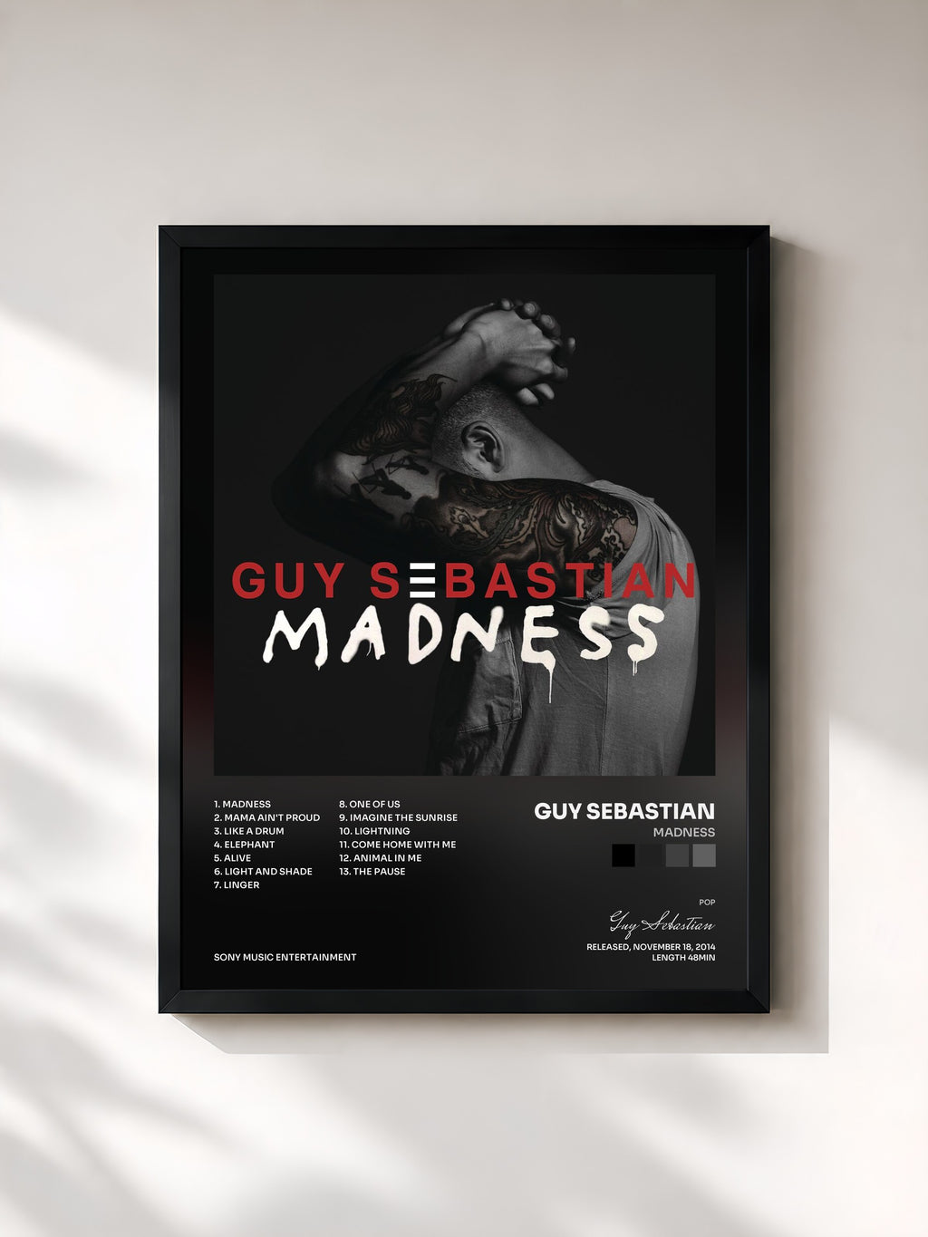 #noir Tableau de l'album Madness de Guy Sebastian, cadre noir, imprimé et encadré en France