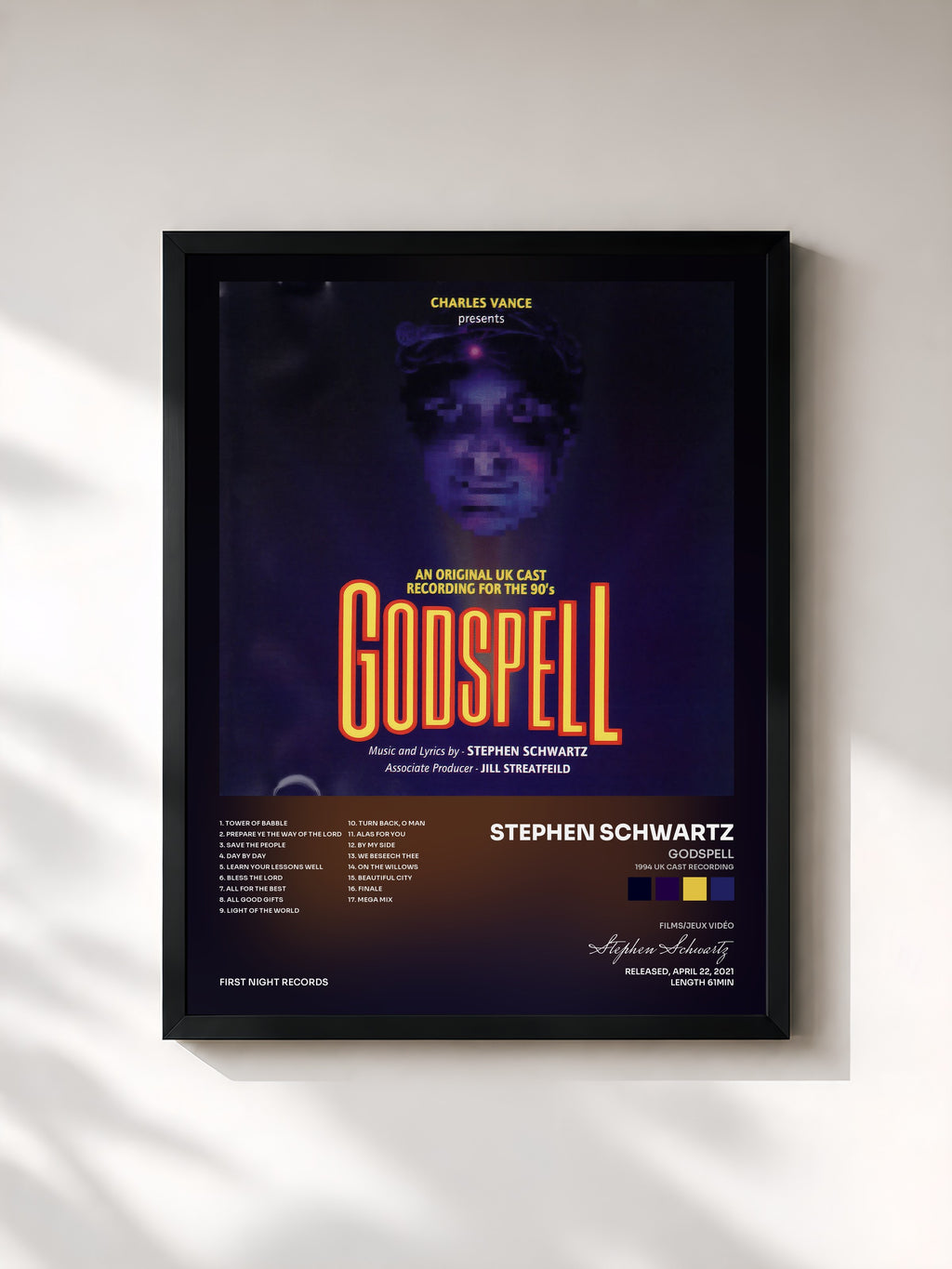 #noir Tableau de l'album Godspell (1994 UK Cast Recording) de Stephen Schwartz, cadre noir, imprimé et encadré en France
