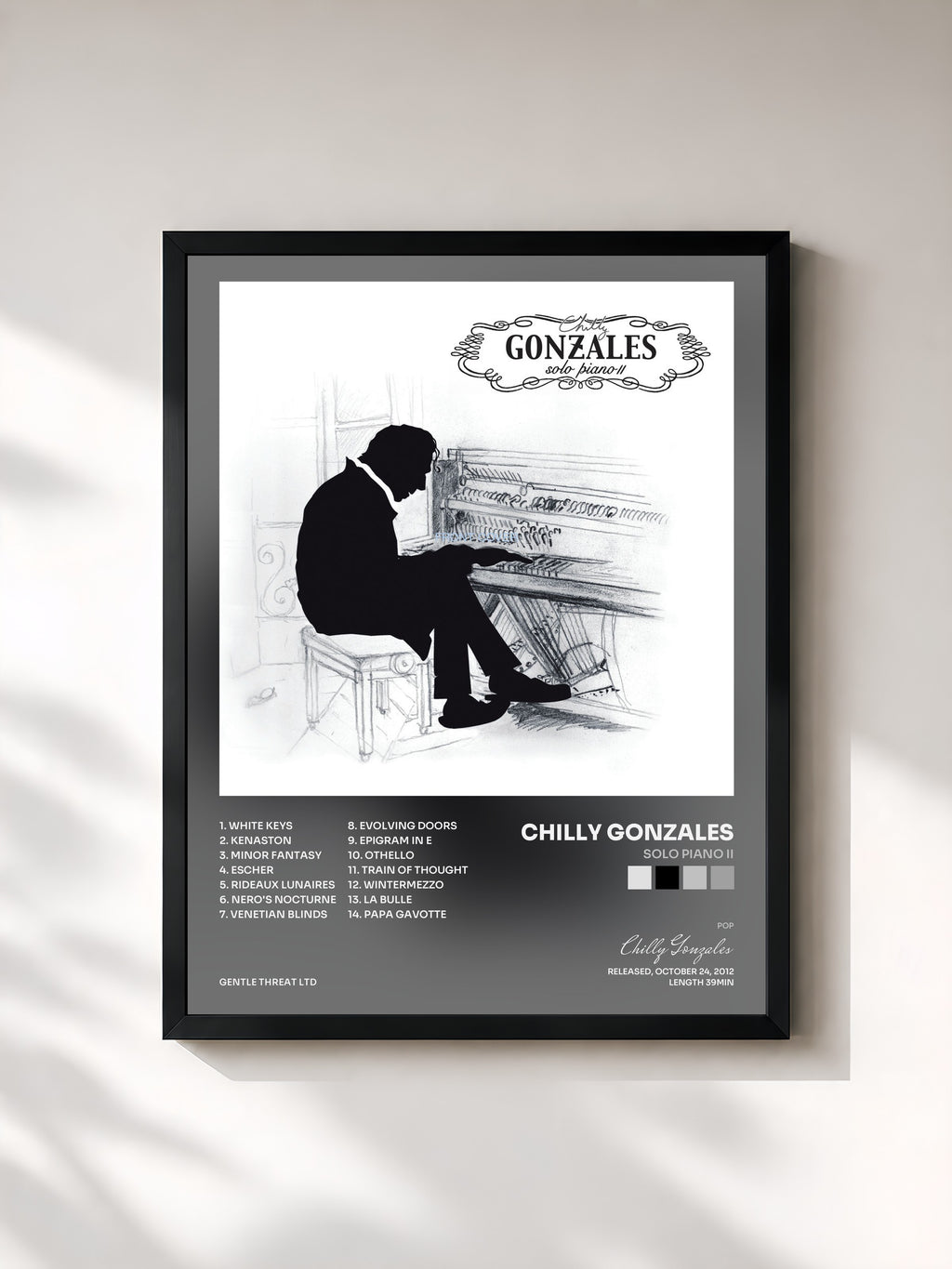 #noir Tableau de l'album Solo Piano II de Chilly Gonzales, cadre noir, imprimé et encadré en France