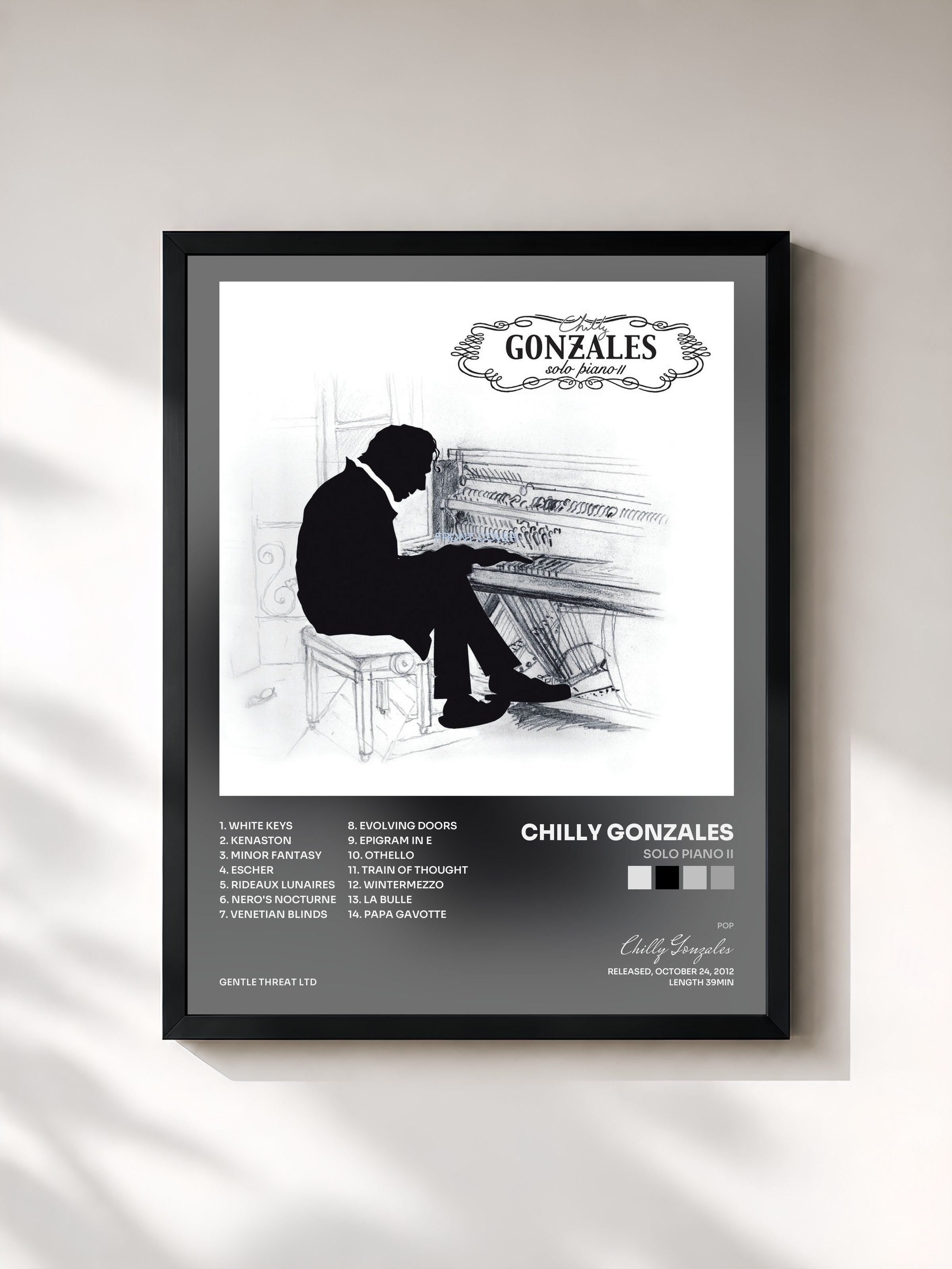 #noir Tableau de l'album Solo Piano II de Chilly Gonzales, cadre noir, imprimé et encadré en France