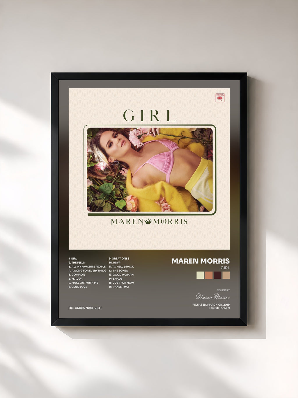 #noir Tableau de l'album GIRL de Maren Morris, cadre noir, imprimé et encadré en France
