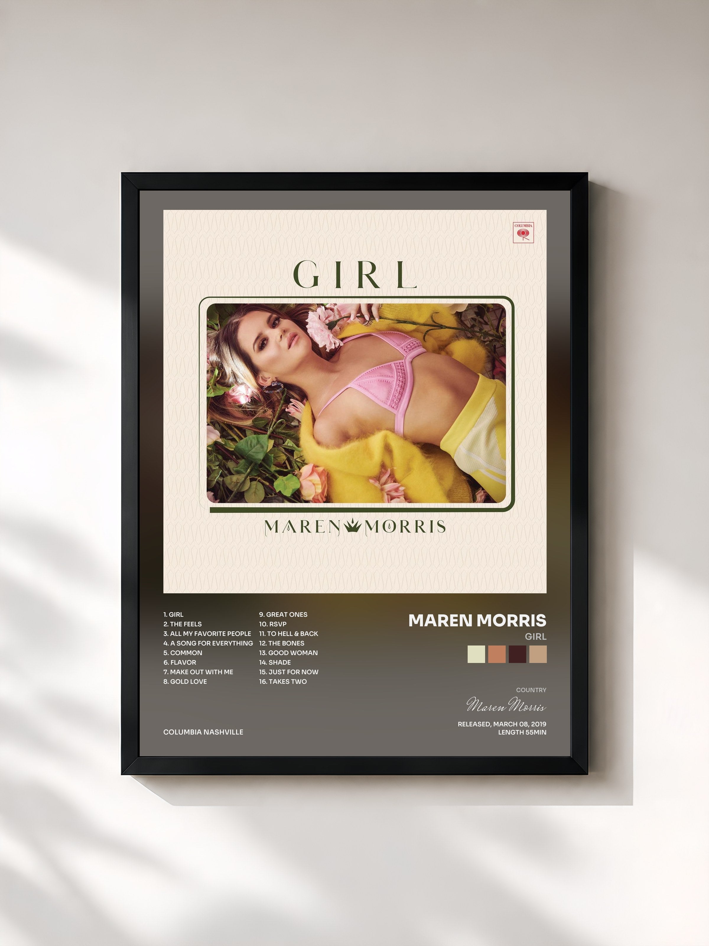 #noir Tableau de l'album GIRL de Maren Morris, cadre noir, imprimé et encadré en France