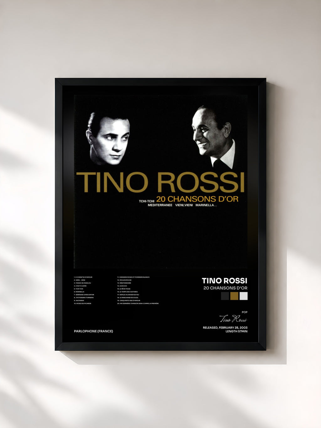 #noir Tableau de l'album 20 chansons d'or de Tino Rossi, cadre noir, imprimé et encadré en France