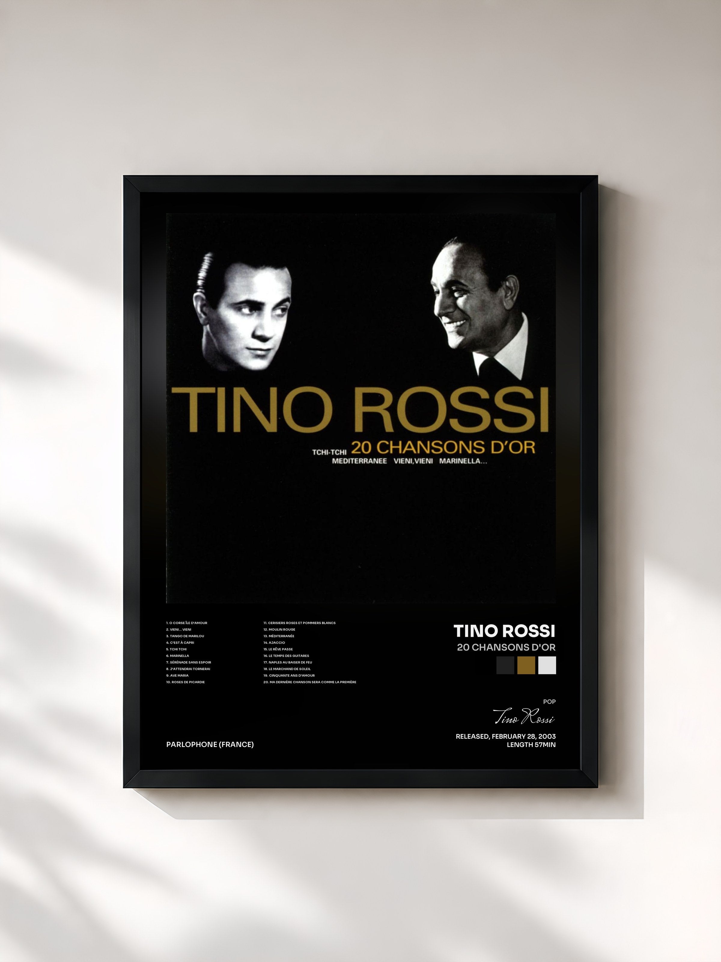 #noir Tableau de l'album 20 chansons d'or de Tino Rossi, cadre noir, imprimé et encadré en France