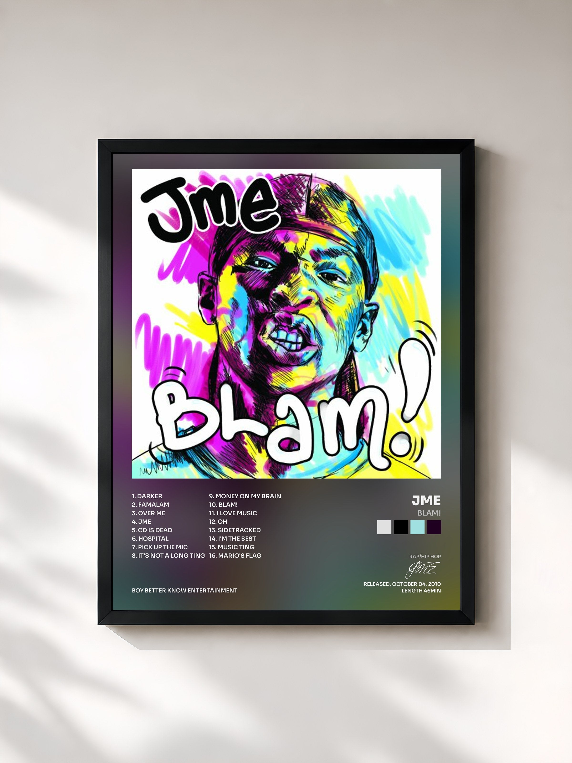 #noir Tableau de l'album Blam! de JME, cadre noir, imprimé et encadré en France