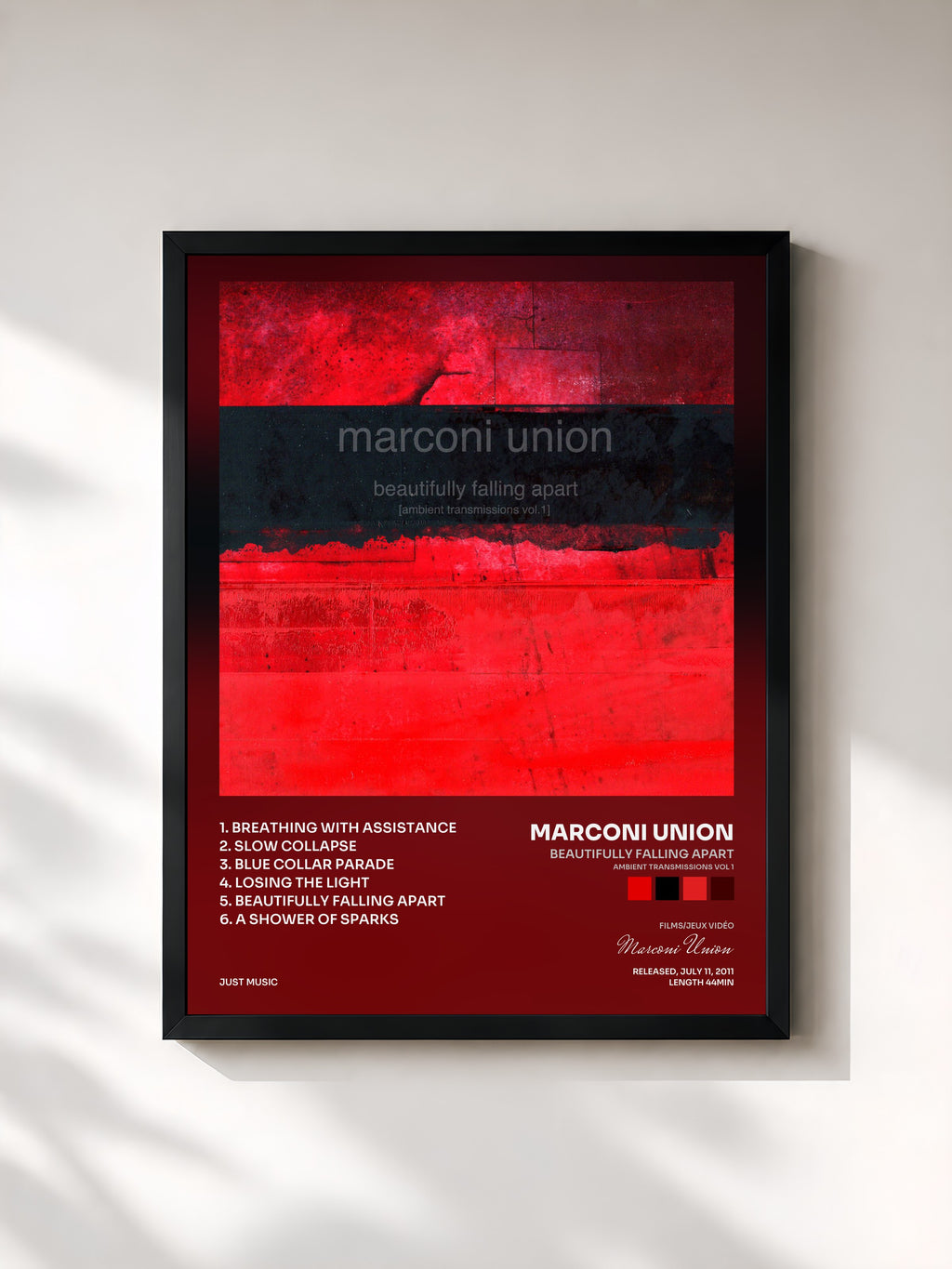 #noir Tableau de l'album Beautifully Falling Apart (Ambient Transmissions Vol 1) de Marconi Union, cadre noir, imprimé et encadré en France