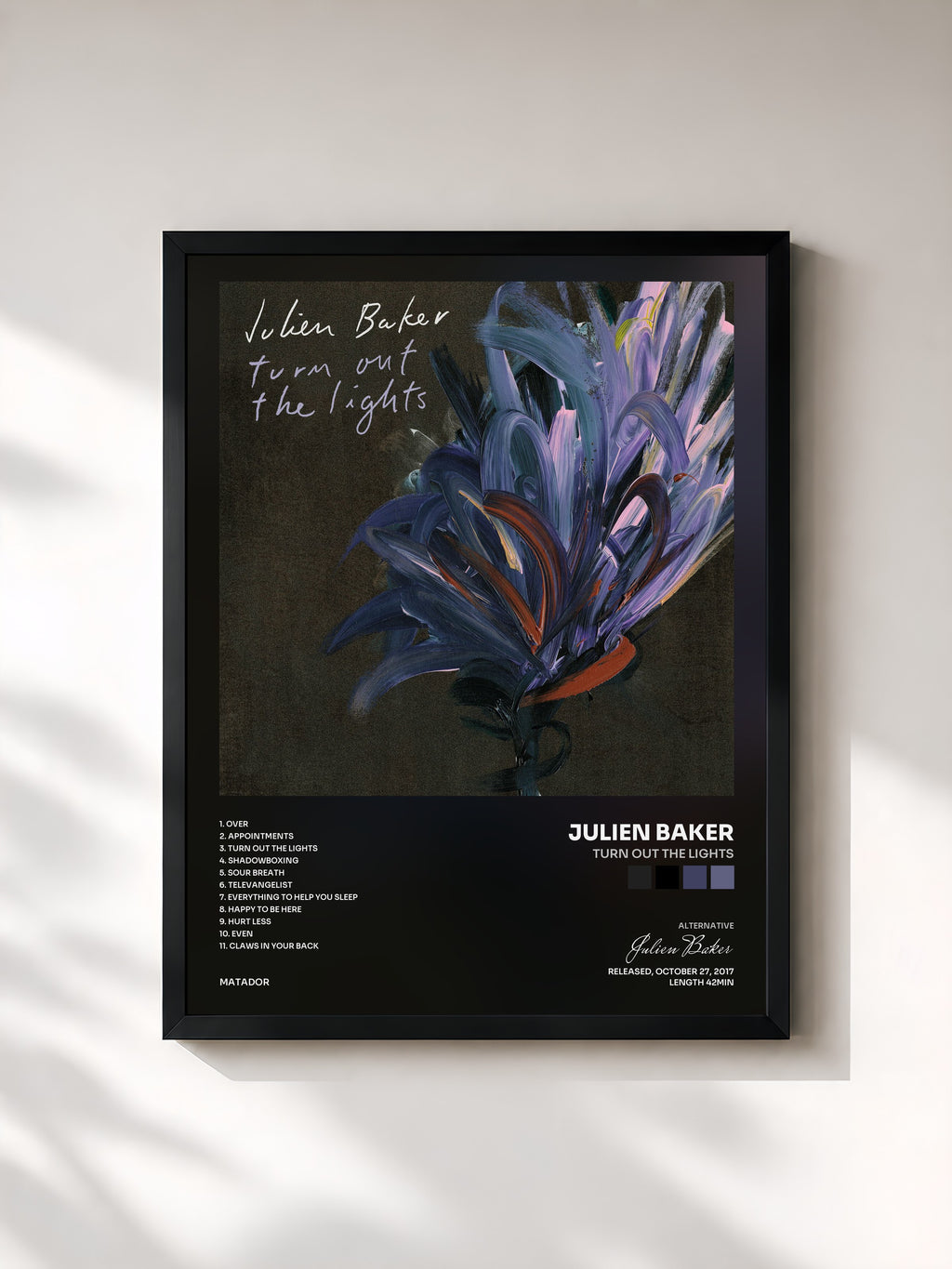 #noir Tableau de l'album Turn Out the Lights de Julien Baker, cadre noir, imprimé et encadré en France