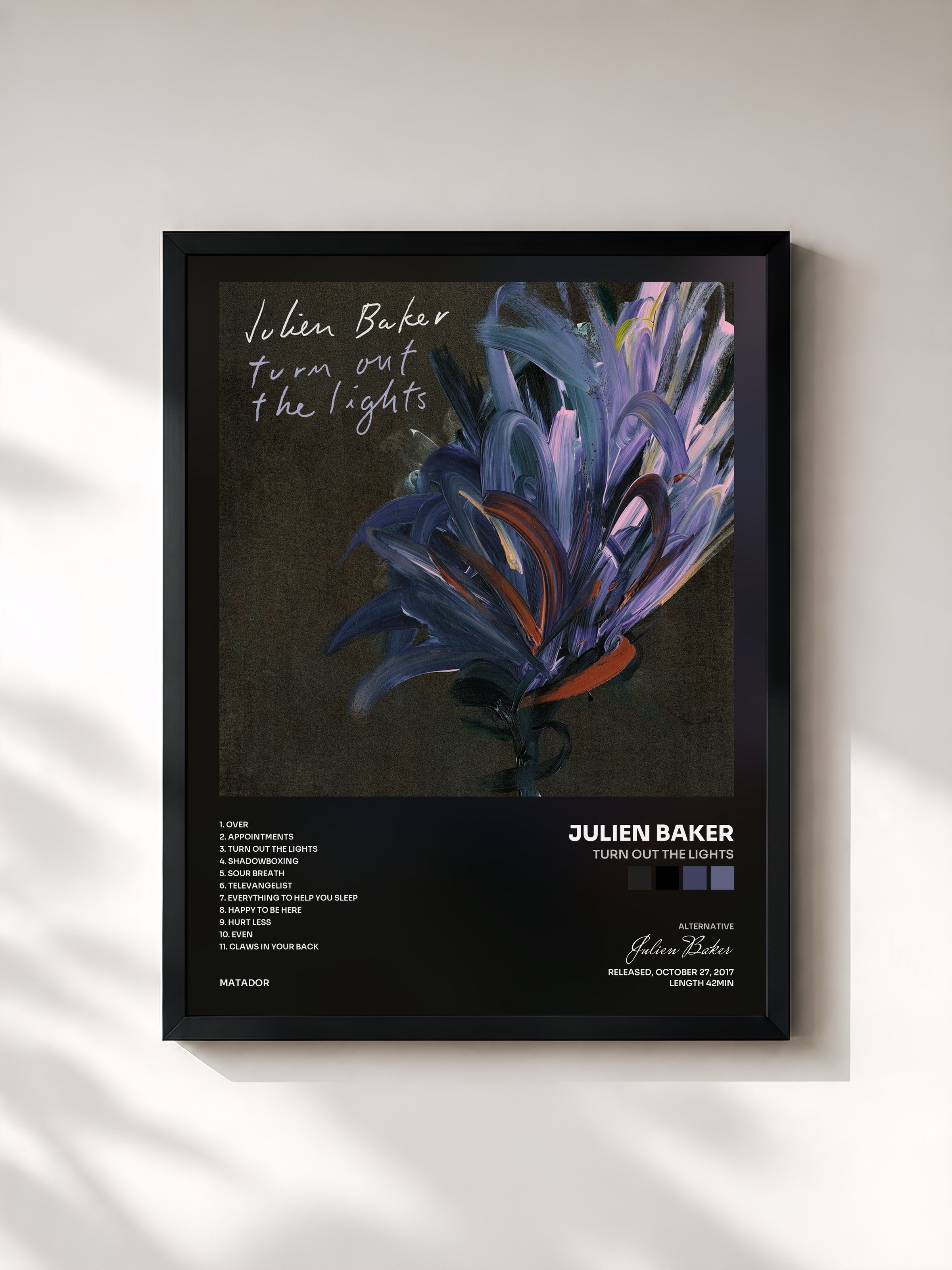 #noir Tableau de l'album Turn Out the Lights de Julien Baker, cadre noir, imprimé et encadré en France