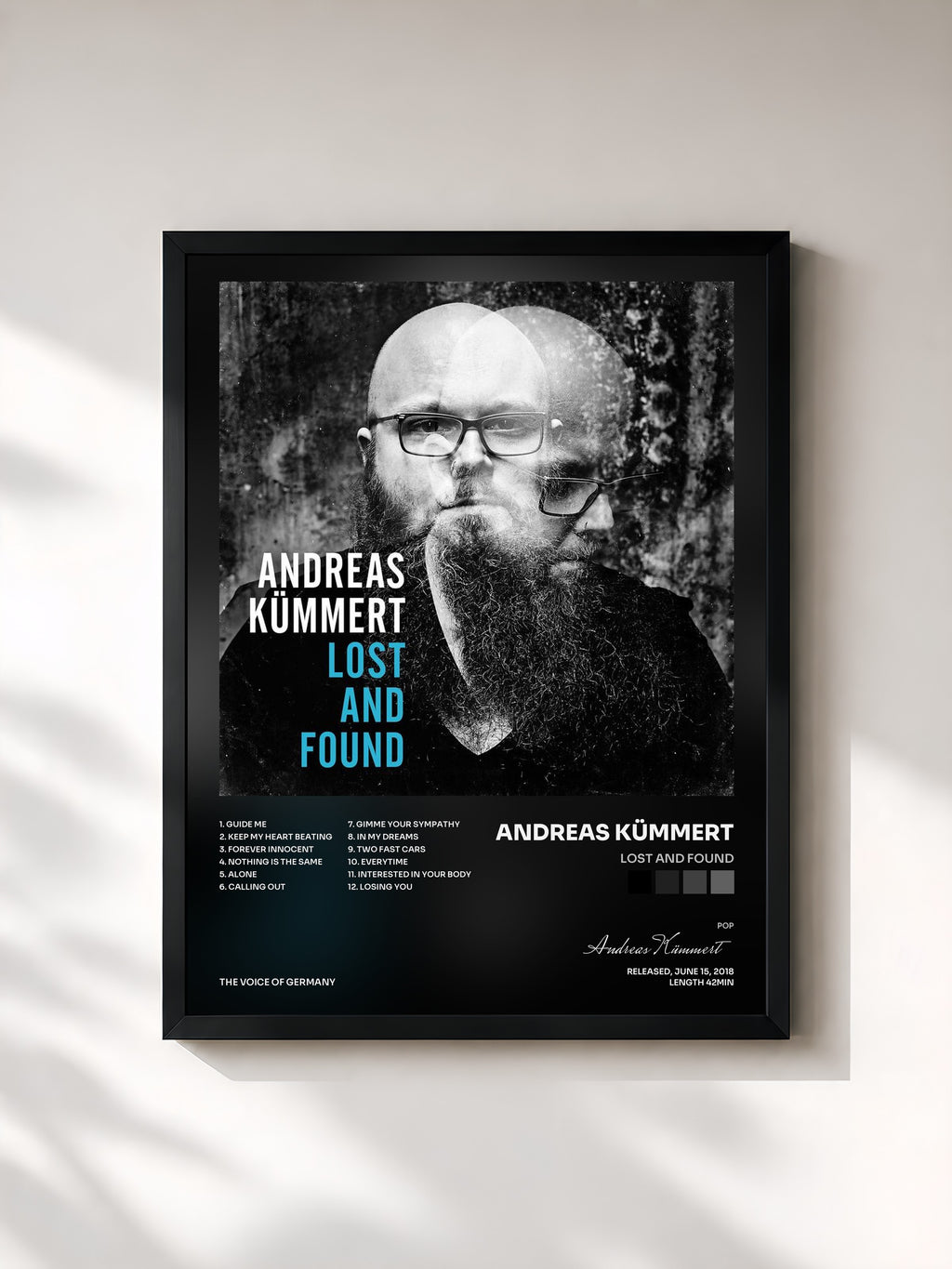 #noir Tableau de l'album Lost And Found de Andreas Kümmert, cadre noir, imprimé et encadré en France