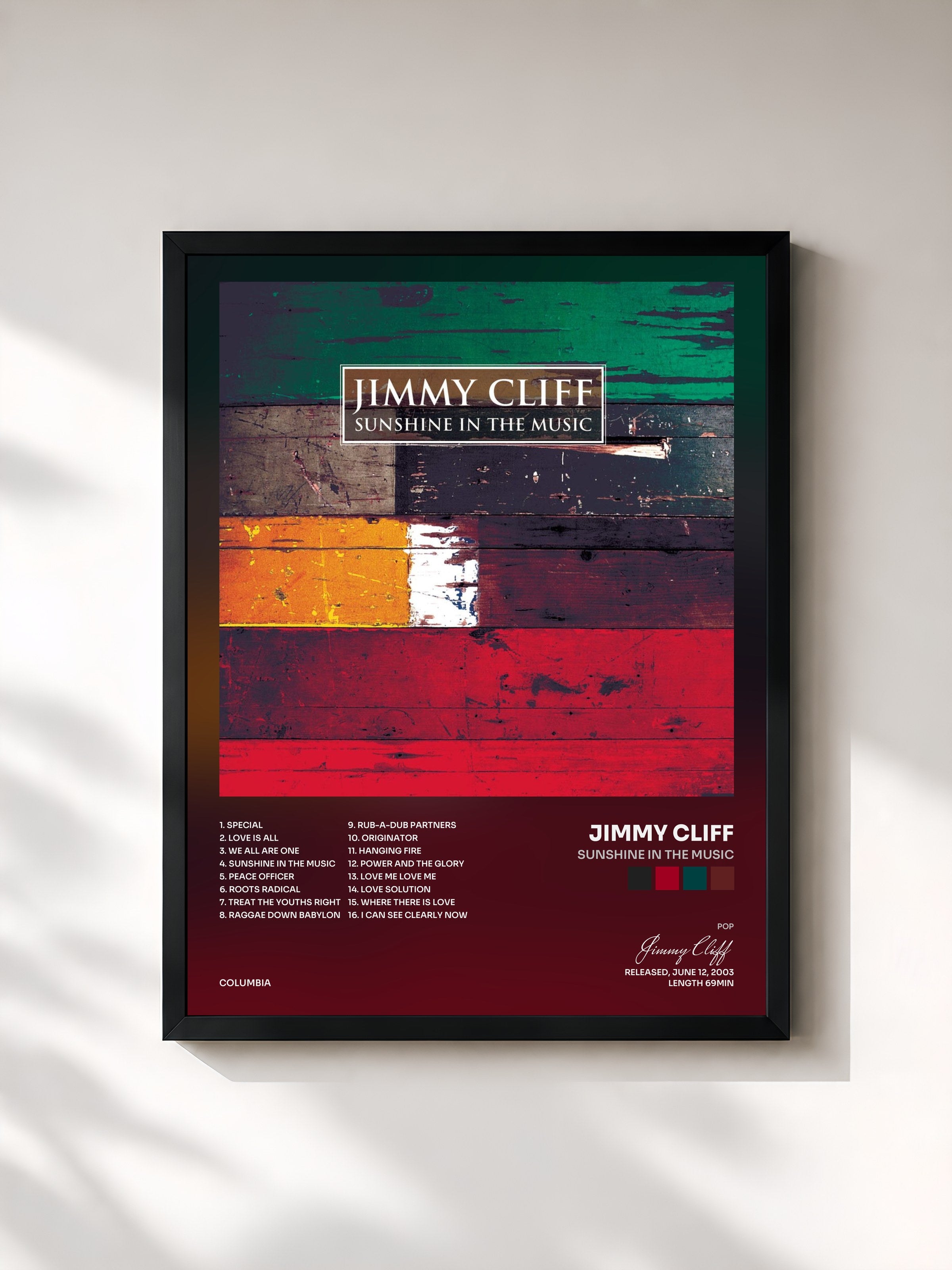 #noir Tableau de l'album Sunshine In The Music de Jimmy Cliff, cadre noir, imprimé et encadré en France