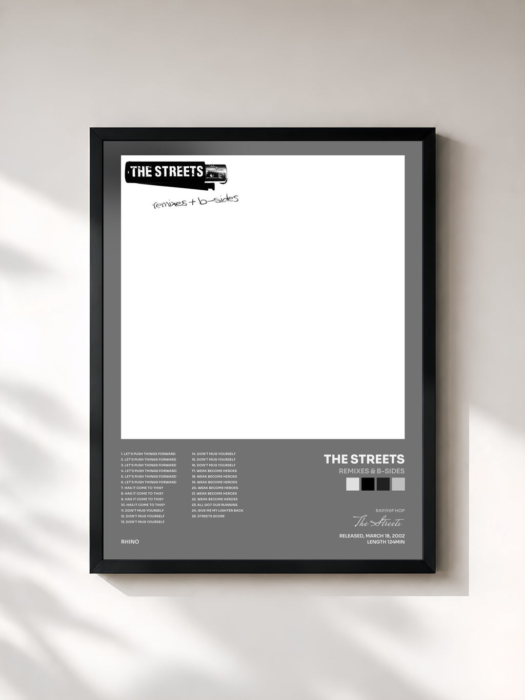#noir Tableau de l'album Remixes & B-Sides de The Streets, cadre noir, imprimé et encadré en France
