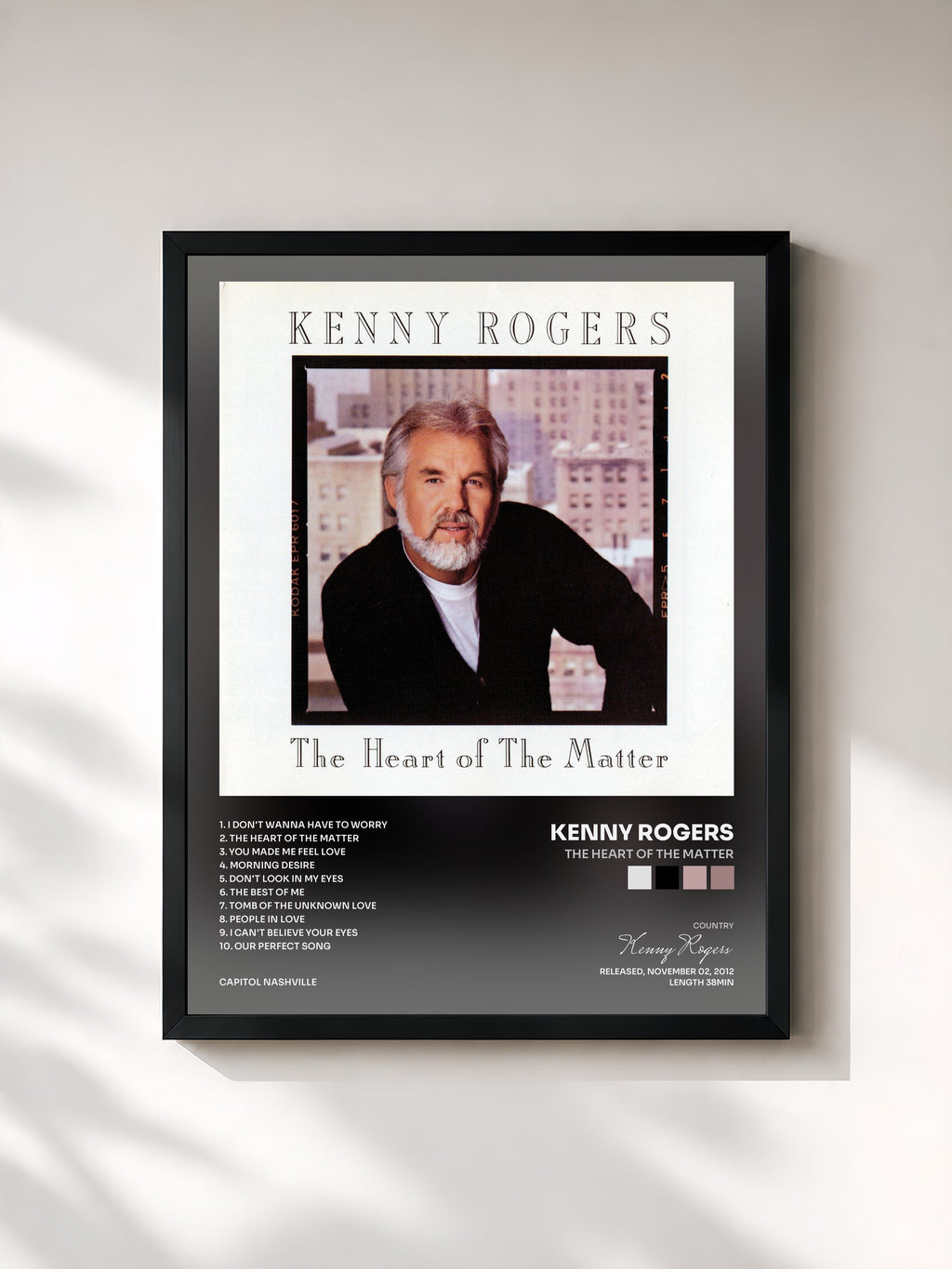 #noir Tableau de l'album The Heart of the Matter de Kenny Rogers, cadre noir, imprimé et encadré en France