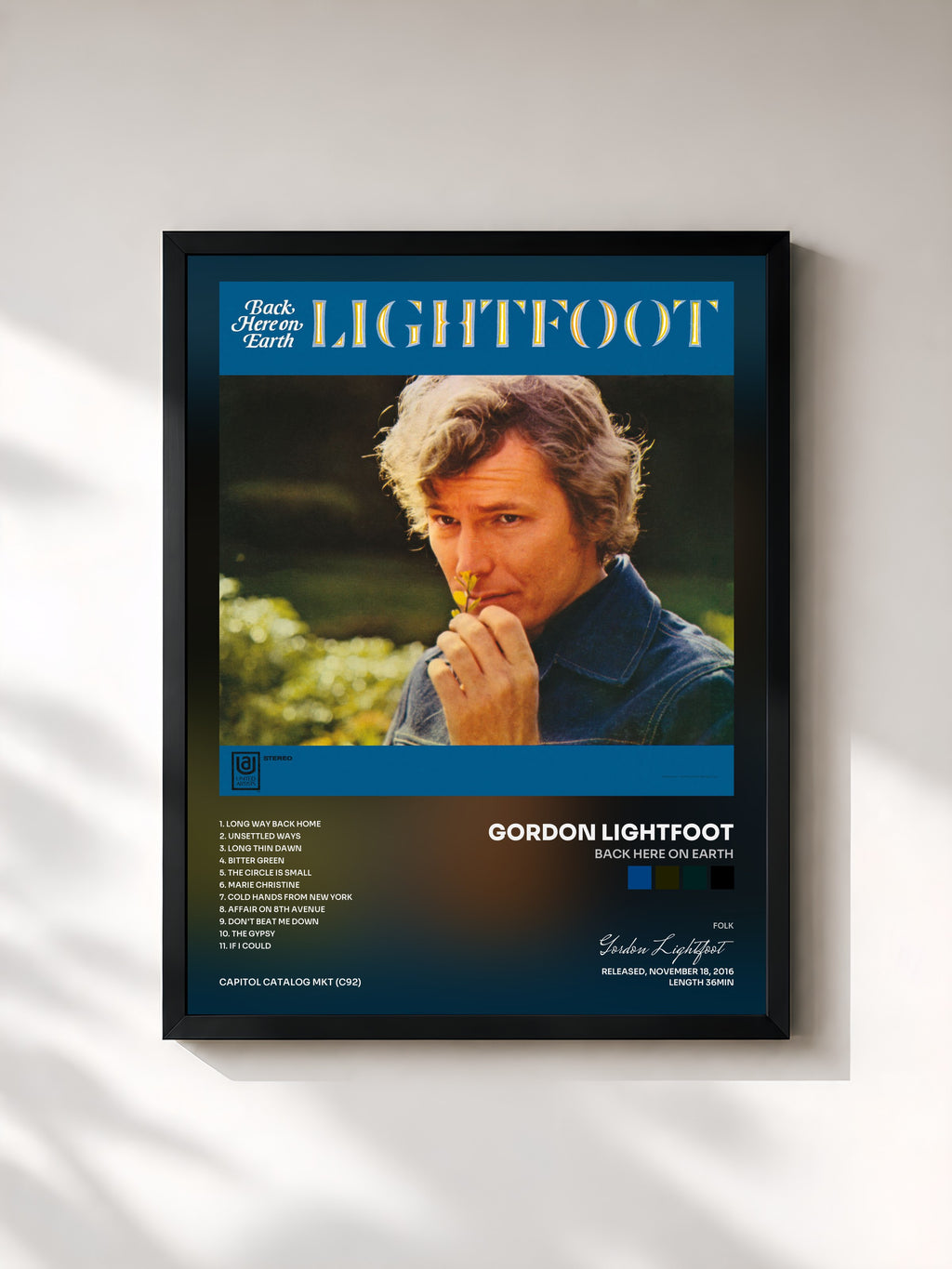 #noir Tableau de l'album Back Here On Earth de Gordon Lightfoot, cadre noir, imprimé et encadré en France