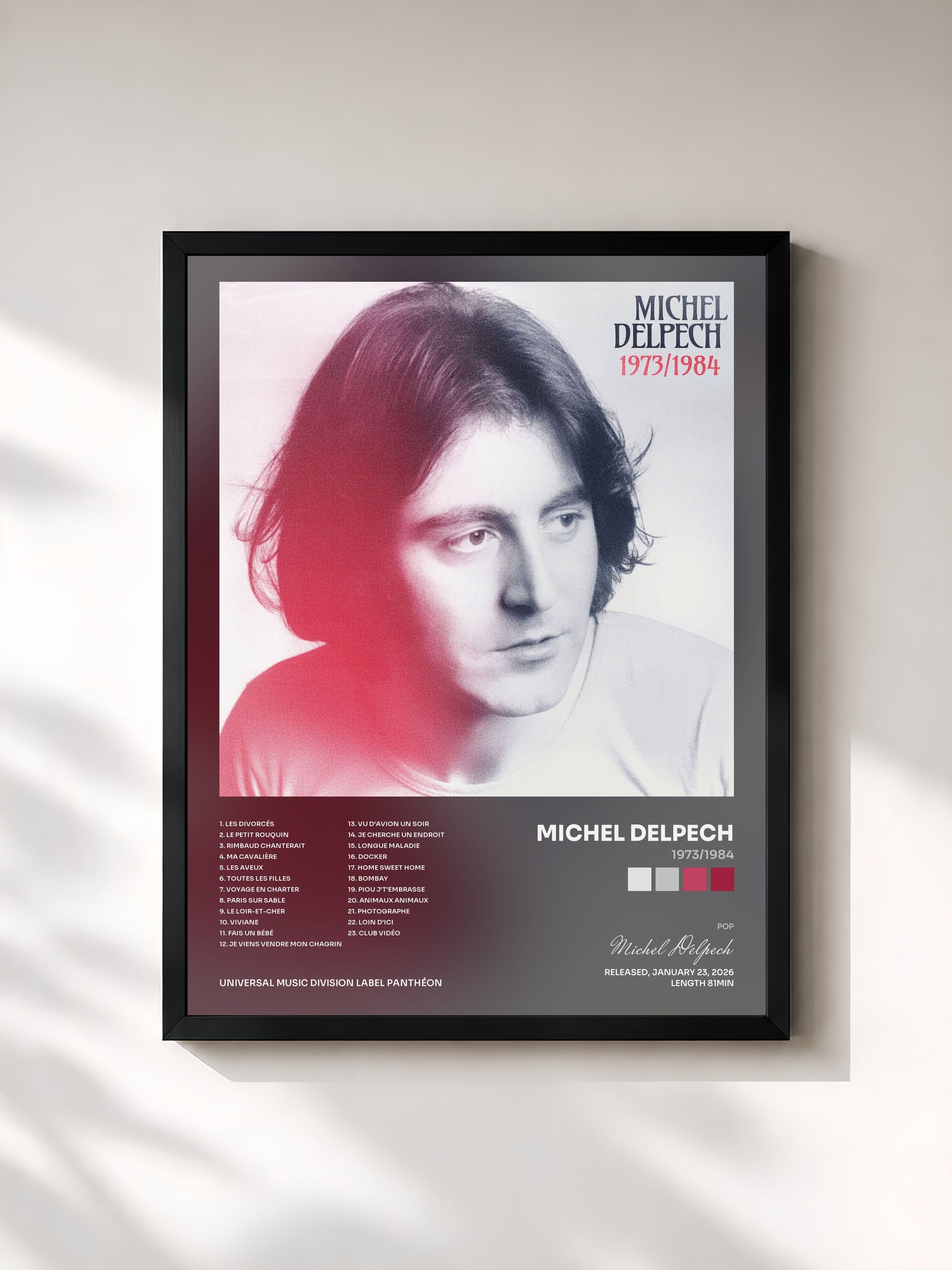 #noir Tableau de l'album 1973/1984 de Michel Delpech, cadre noir, imprimé et encadré en France