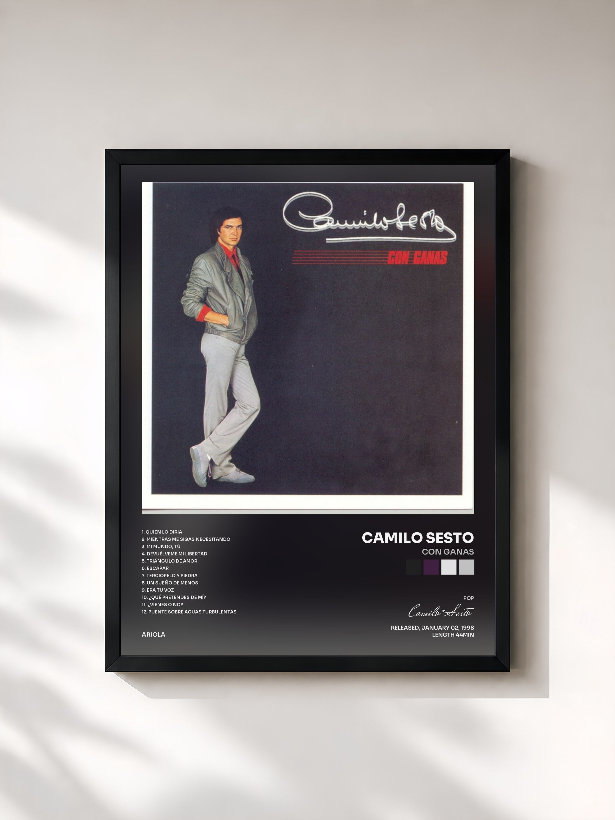 #noir Tableau de l'album Con Ganas de Camilo Sesto, cadre noir, imprimé et encadré en France