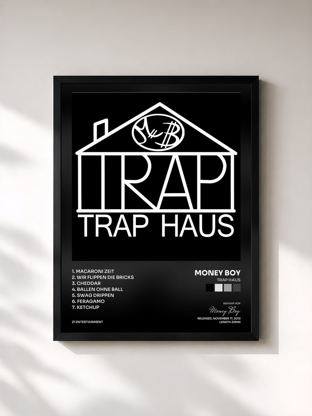 #noir Tableau de l'album Trap Haus de Money Boy, cadre noir, imprimé et encadré en France
