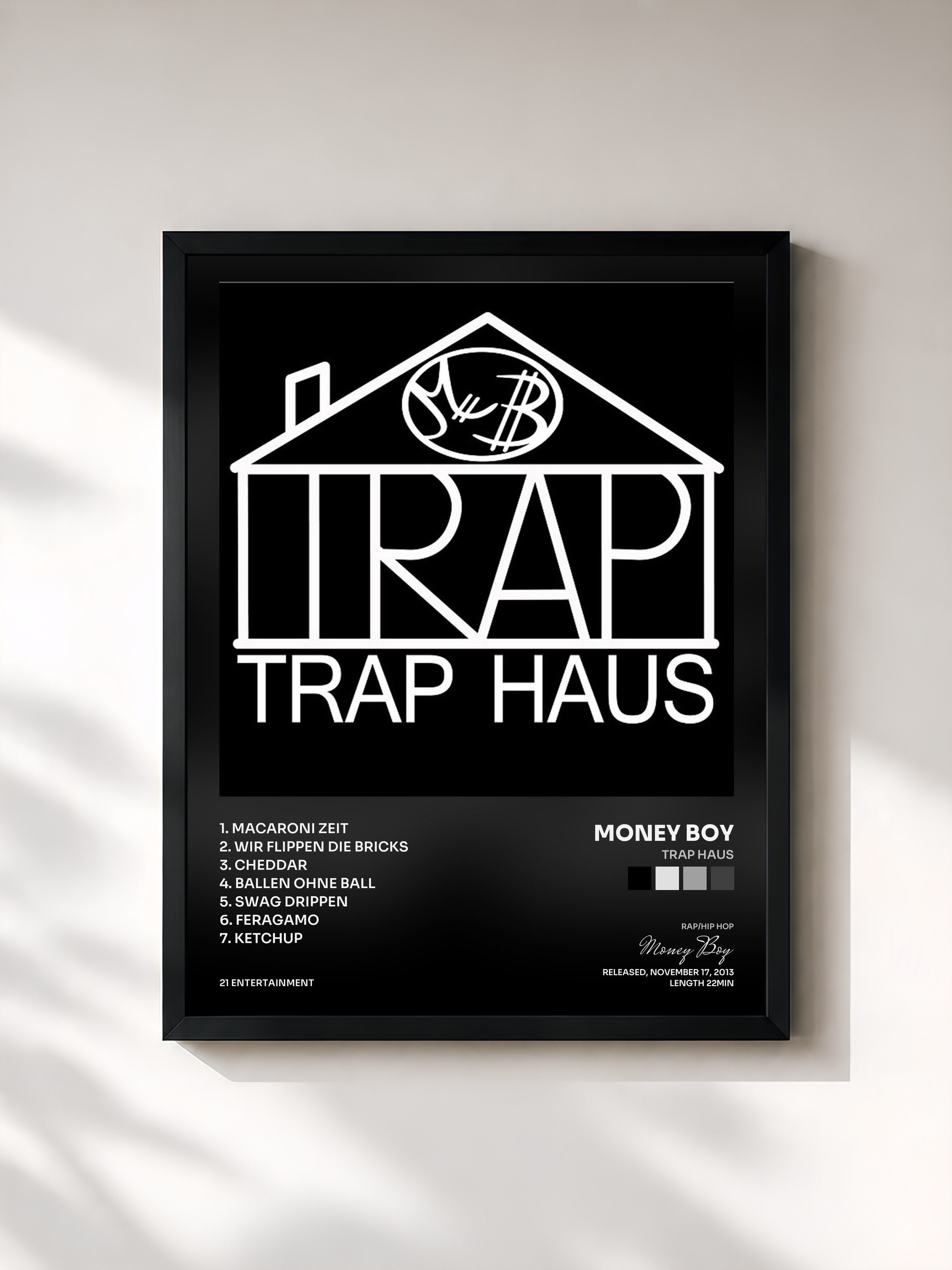 #noir Tableau de l'album Trap Haus de Money Boy, cadre noir, imprimé et encadré en France