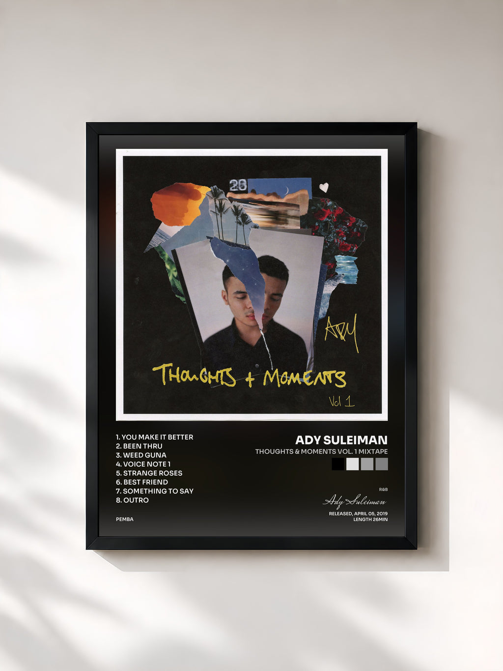 #noir Tableau de l'album Thoughts & Moments Vol. 1 Mixtape de Ady Suleiman, cadre noir, imprimé et encadré en France