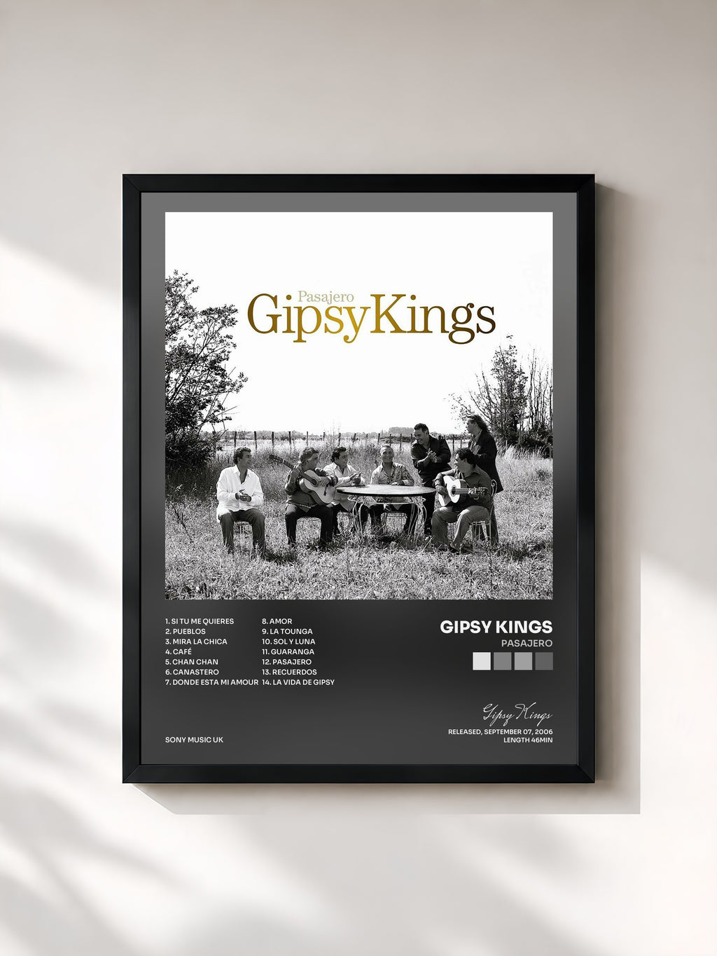 #noir Tableau de l'album Pasajero de Gipsy Kings, cadre noir, imprimé et encadré en France