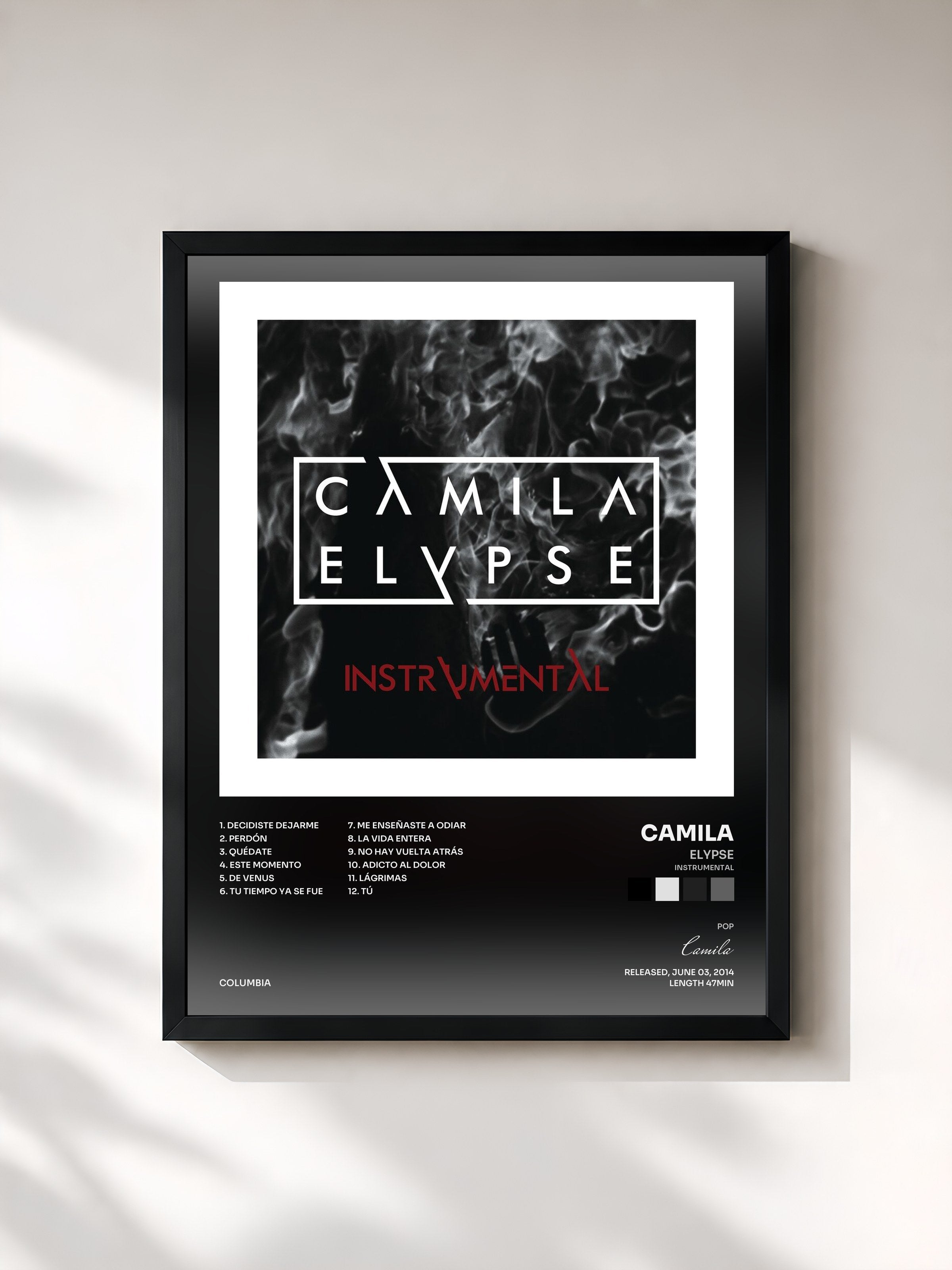 #noir Tableau de l'album Elypse (Instrumental) de Camila, cadre noir, imprimé et encadré en France
