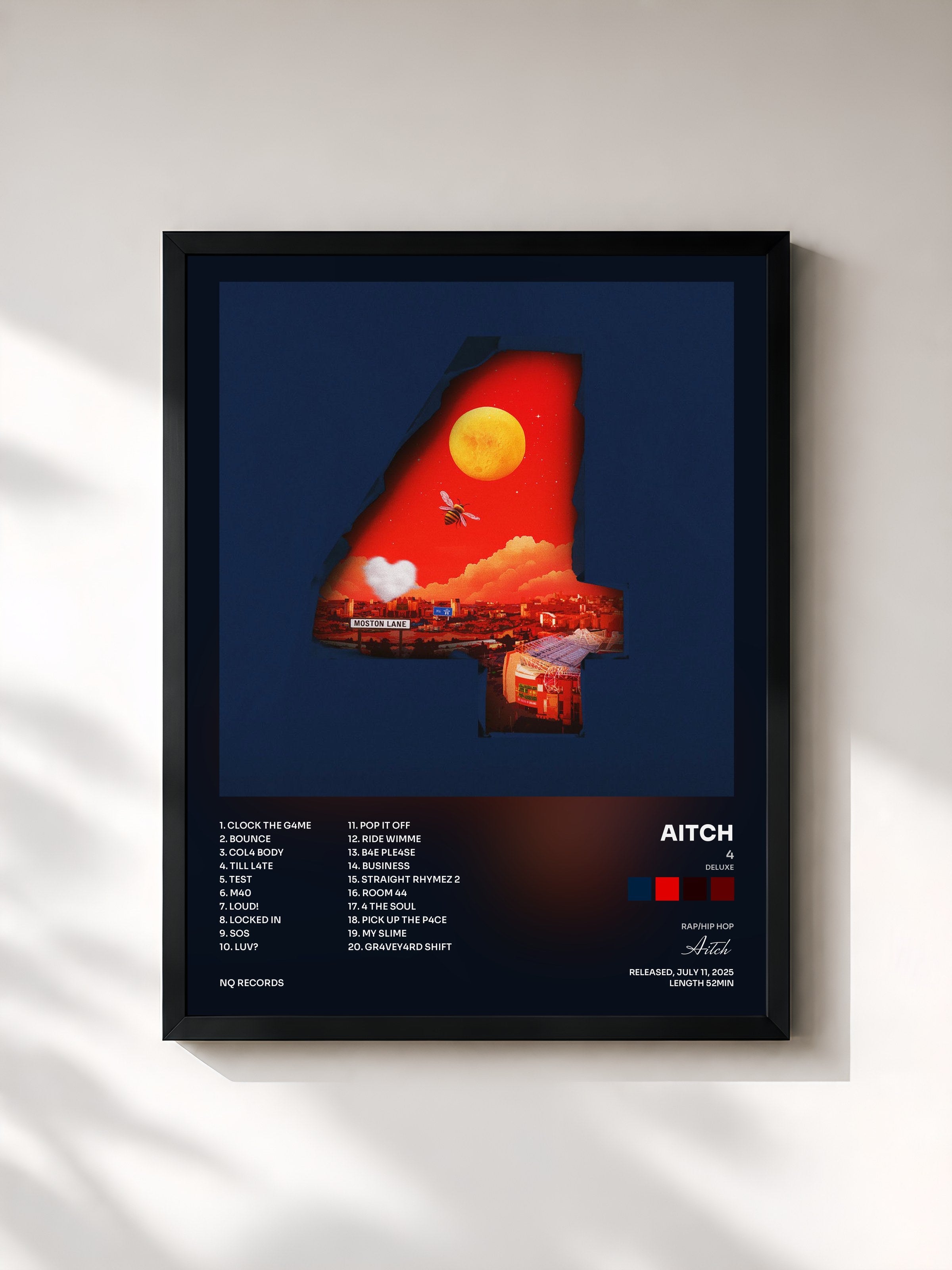 #noir Tableau de l'album 4 (Deluxe) de Aitch, cadre noir, imprimé et encadré en France