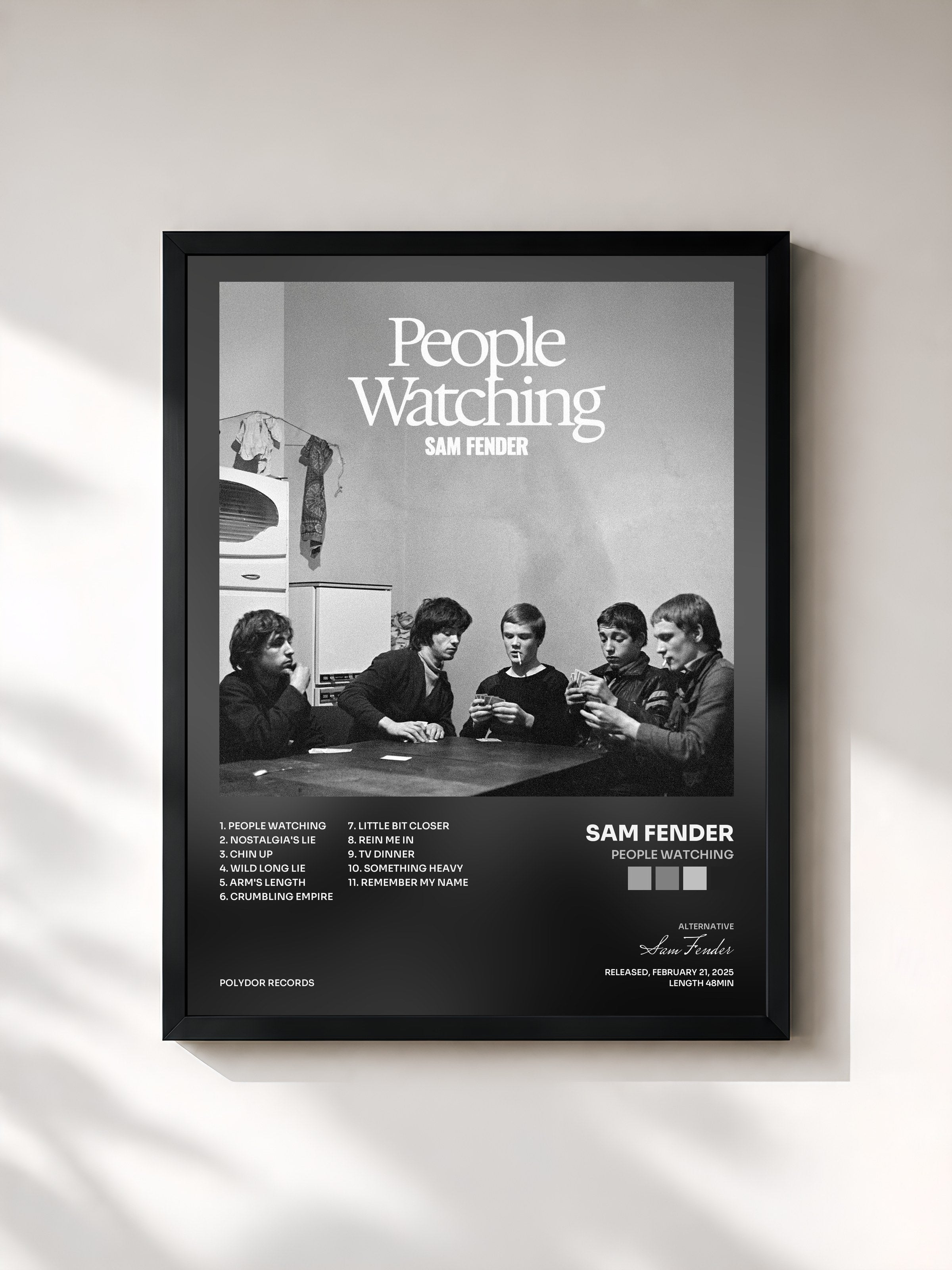 #noir Tableau de l'album People Watching de Sam Fender, cadre noir, imprimé et encadré en France