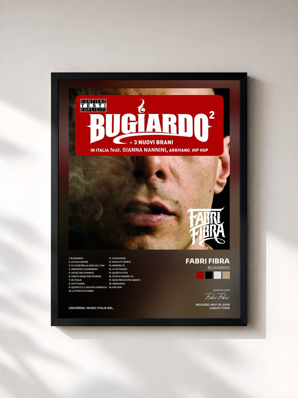 #noir Tableau de l'album Bugiardo de Fabri Fibra, cadre noir, imprimé et encadré en France
