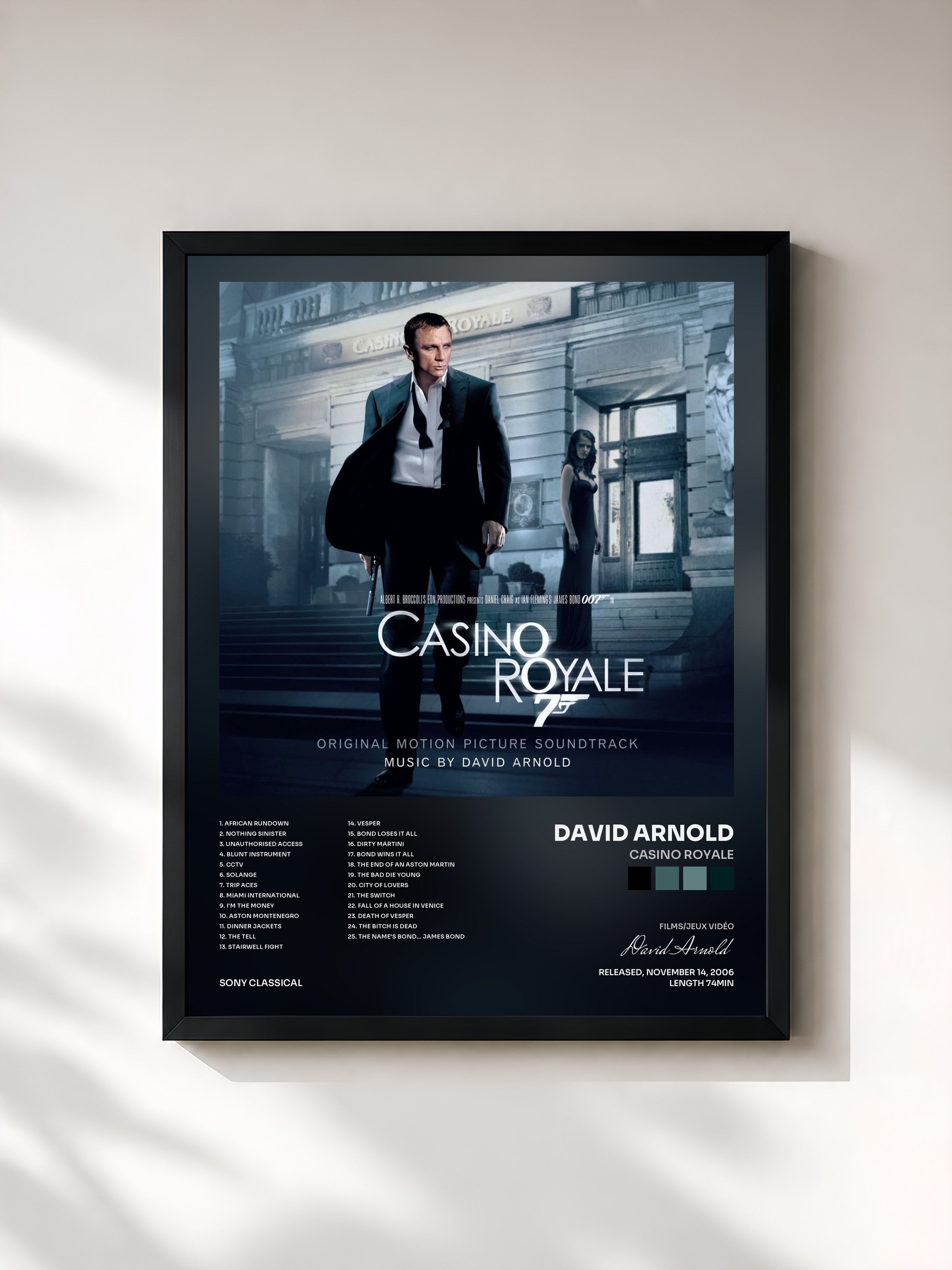 #noir Tableau de l'album Casino Royale de David Arnold, cadre noir, imprimé et encadré en France