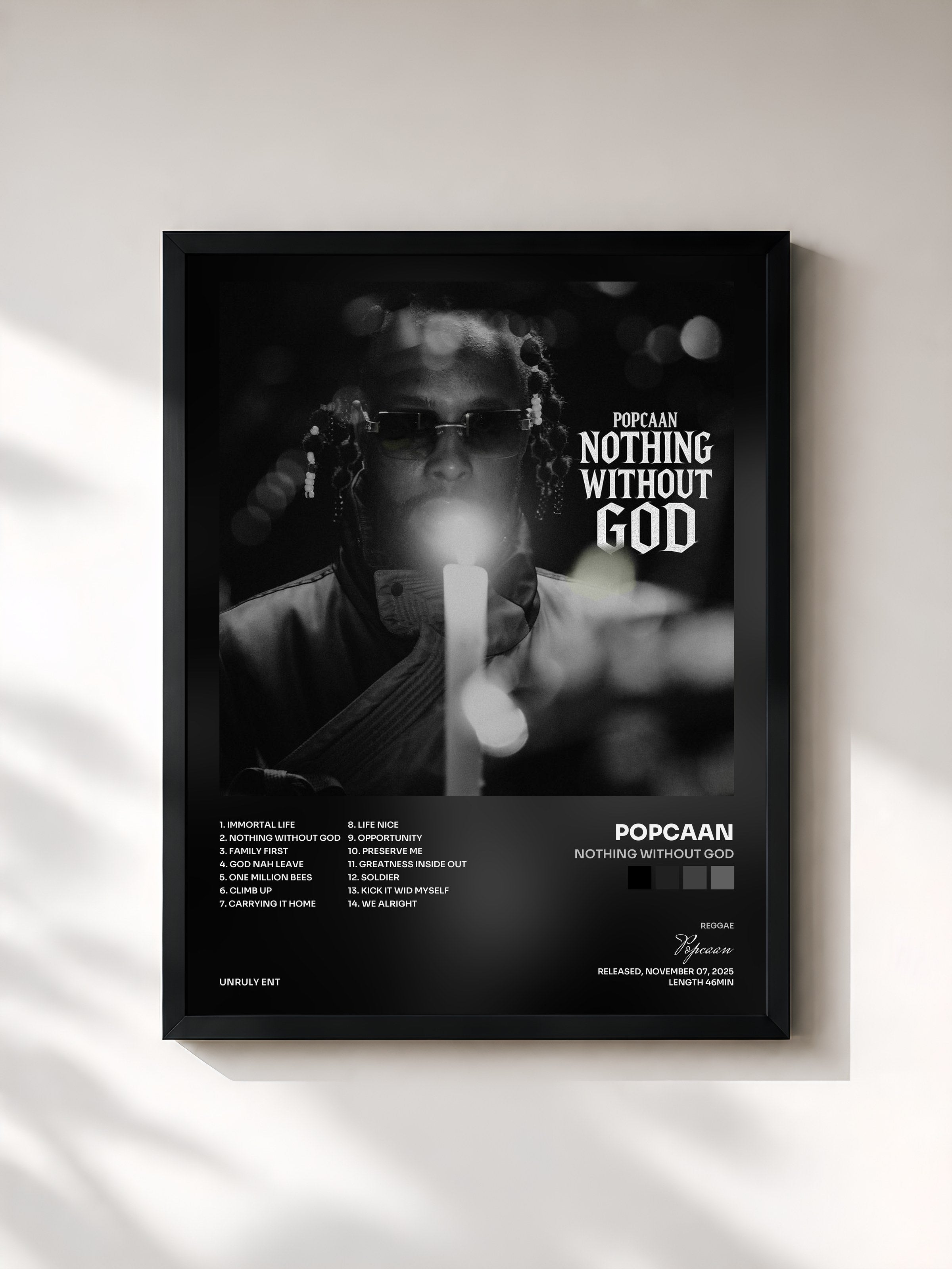 #noir Tableau de l'album Nothing Without God de Popcaan, cadre noir, imprimé et encadré en France