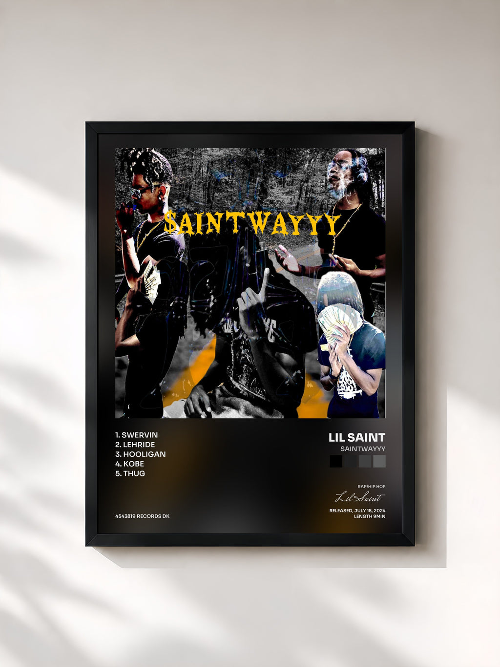 #noir Tableau de l'album SAINTWAYYY de Lil Saint, cadre noir, imprimé et encadré en France