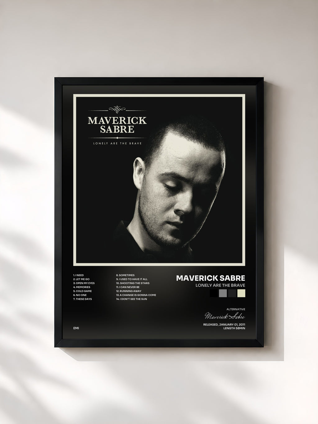 #noir Tableau de l'album Lonely Are The Brave de Maverick Sabre, cadre noir, imprimé et encadré en France