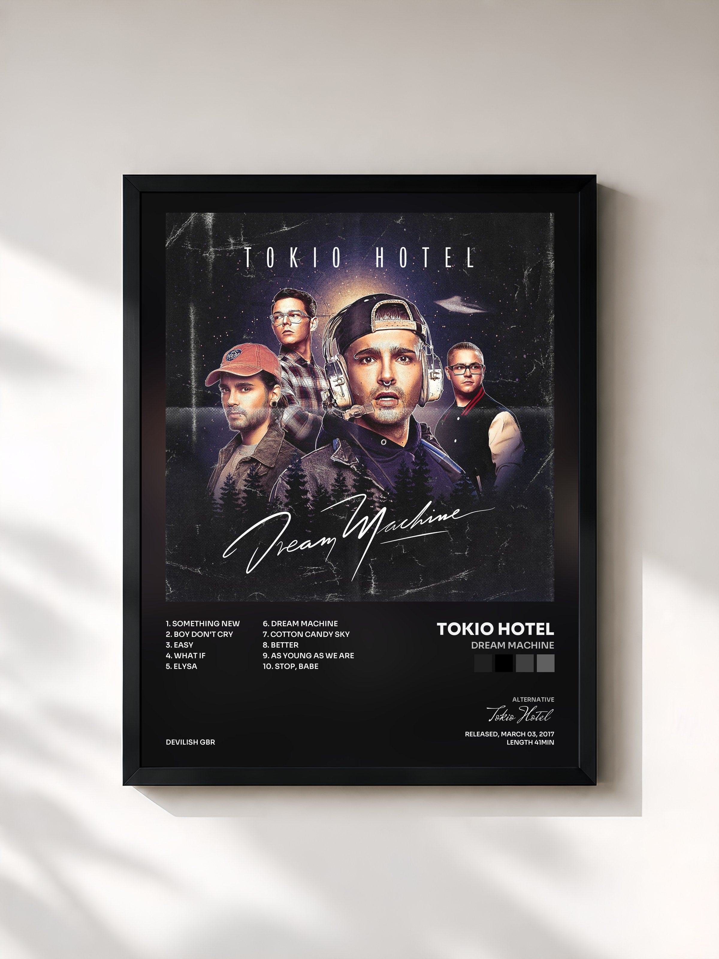 #noir Tableau de l'album Dream Machine de Tokio Hotel, cadre noir, imprimé et encadré en France