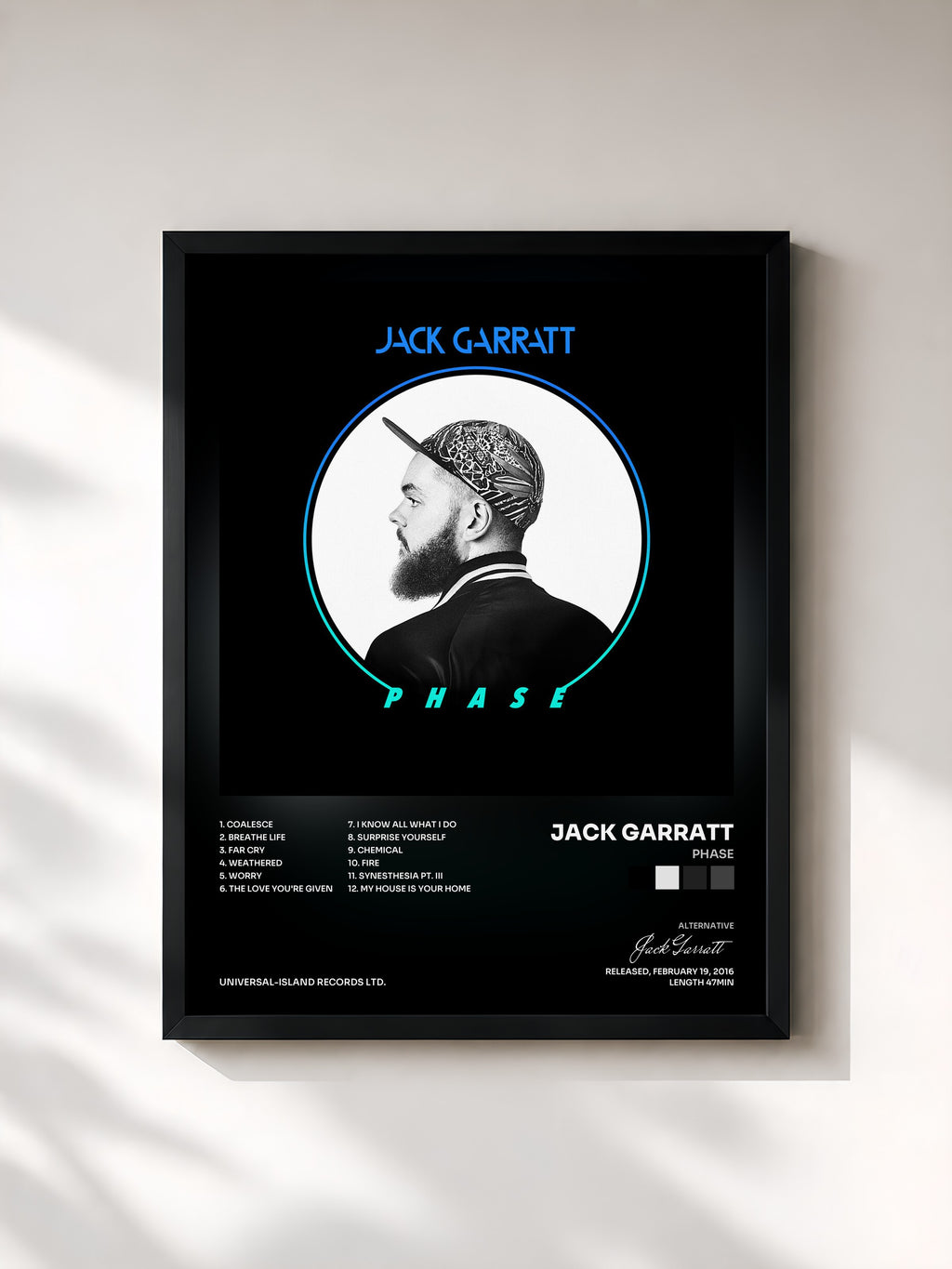 #noir Tableau de l'album Phase de Jack Garratt, cadre noir, imprimé et encadré en France