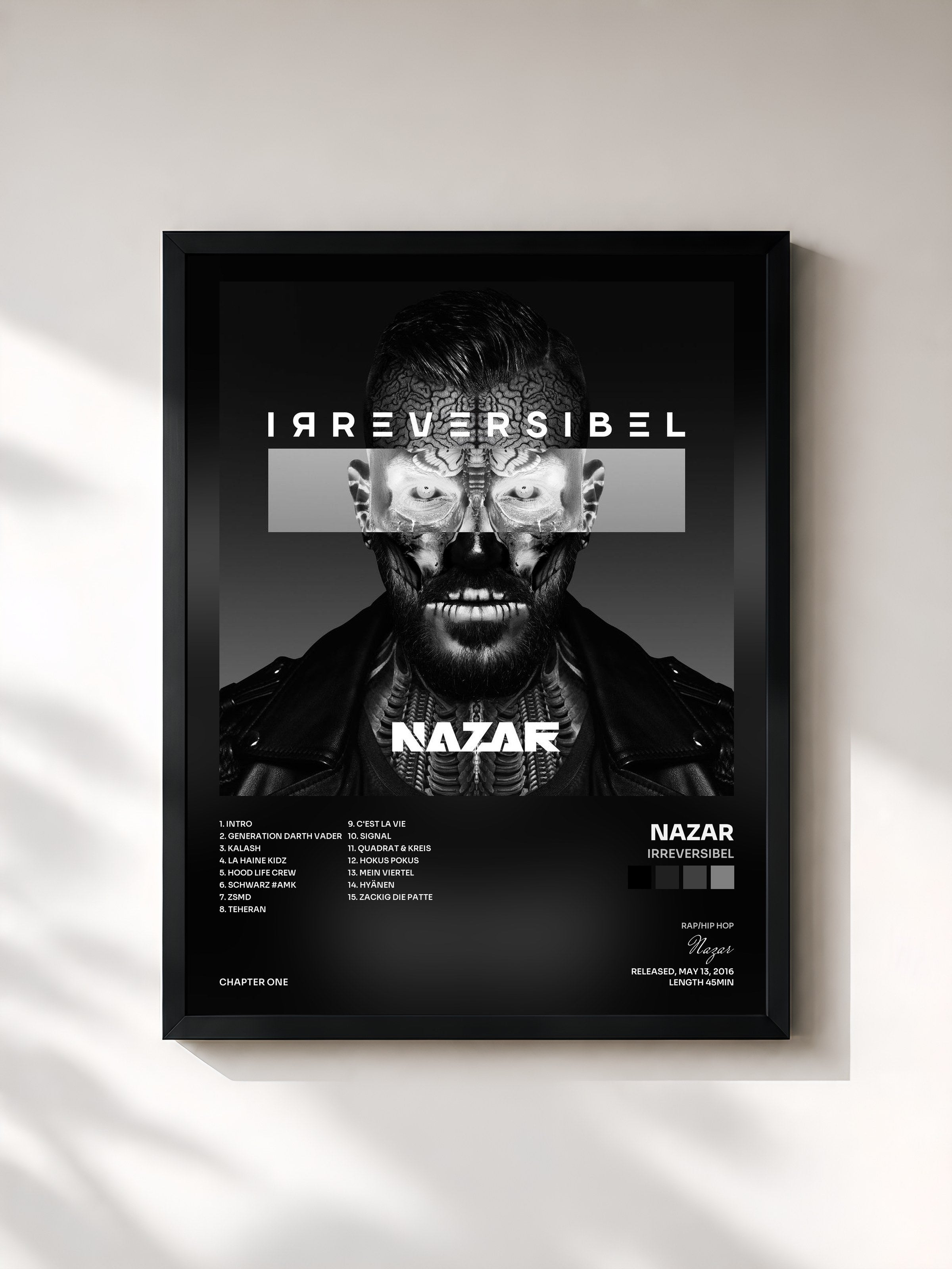 #noir Tableau de l'album Irreversibel de Nazar, cadre noir, imprimé et encadré en France