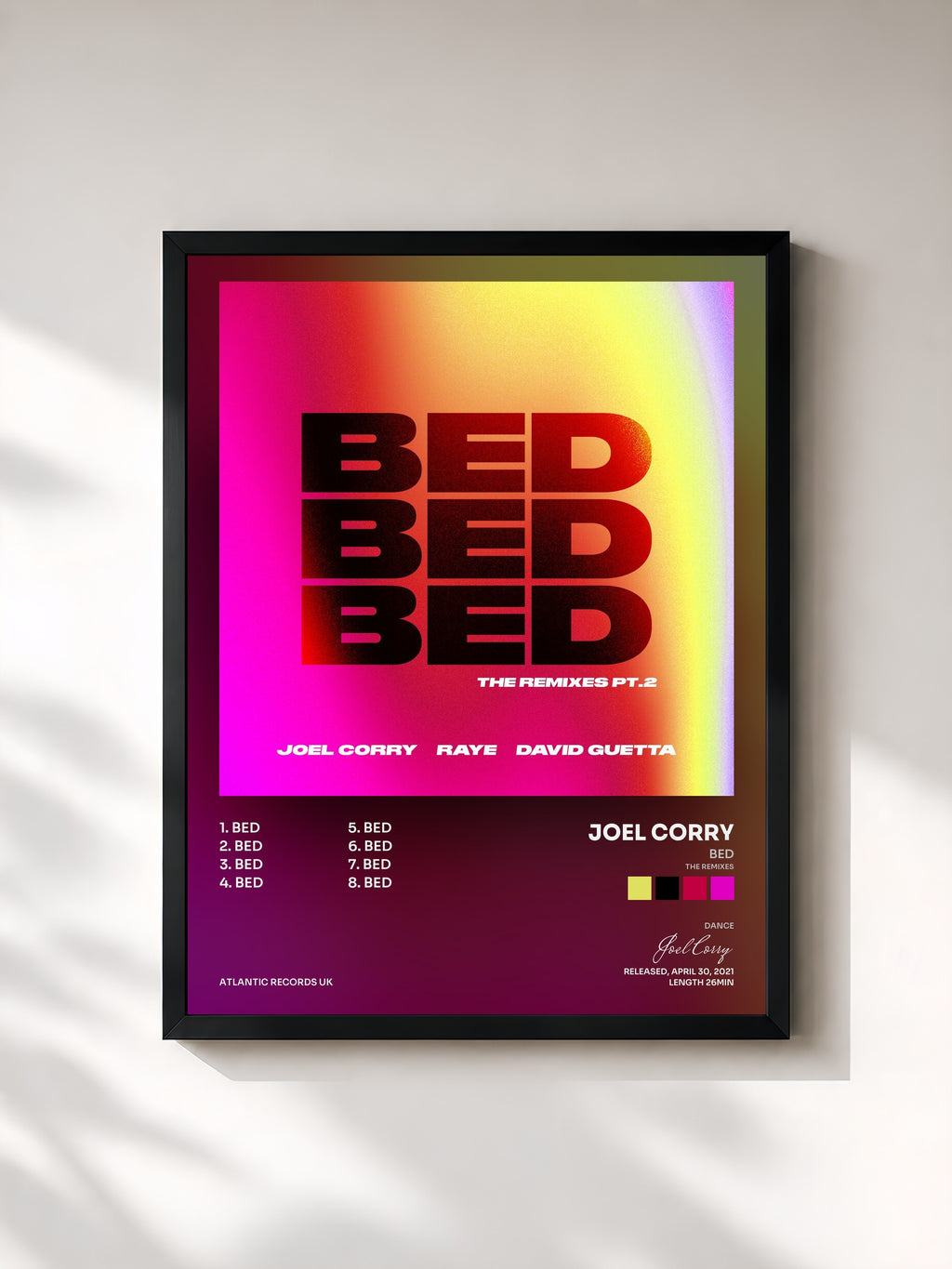 #noir Tableau de l'album BED (The Remixes) [Pt.2] de Joel Corry, cadre noir, imprimé et encadré en France