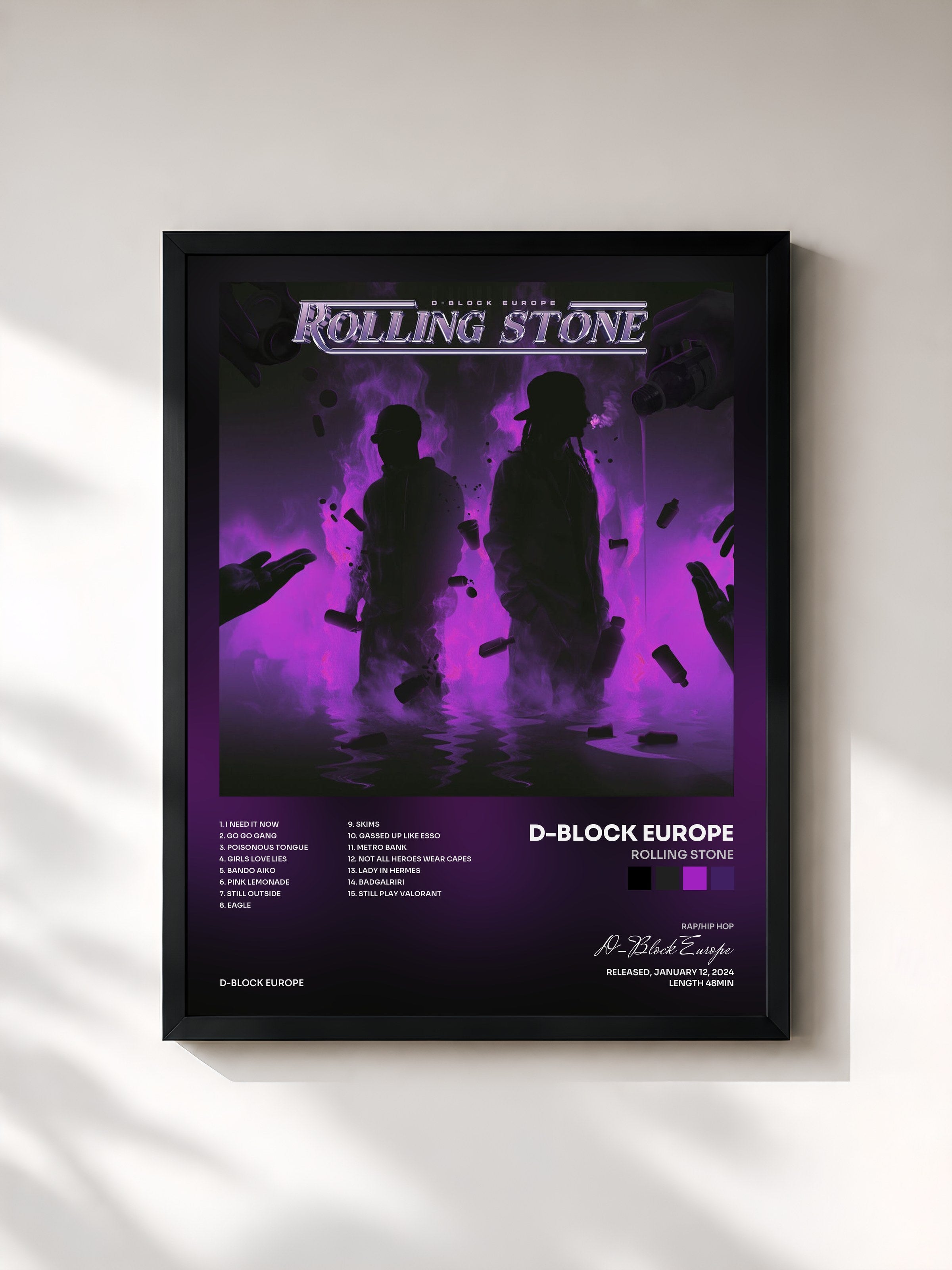#noir Tableau de l'album Rolling Stone de D-Block Europe, cadre noir, imprimé et encadré en France