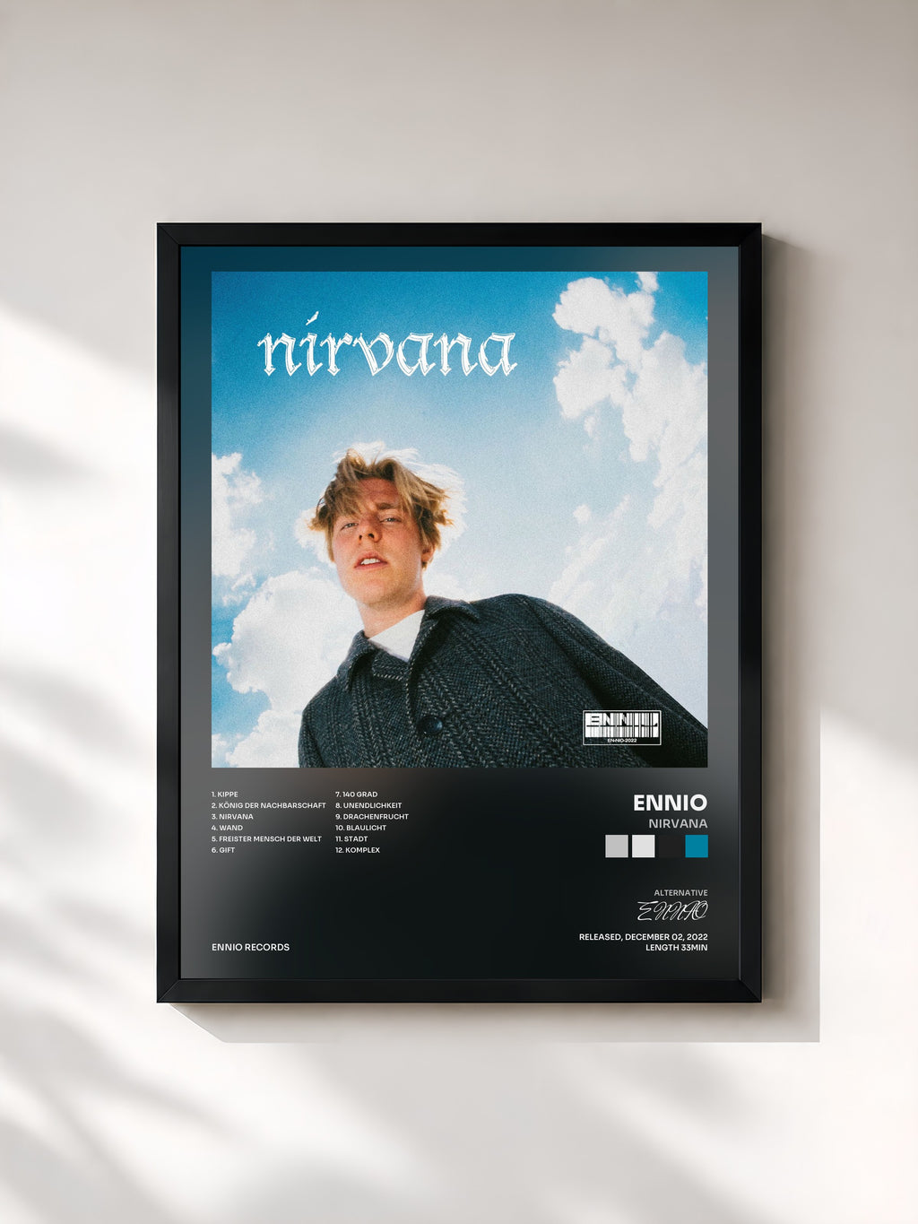 #noir Tableau de l'album Nirvana de ENNIO, cadre noir, imprimé et encadré en France