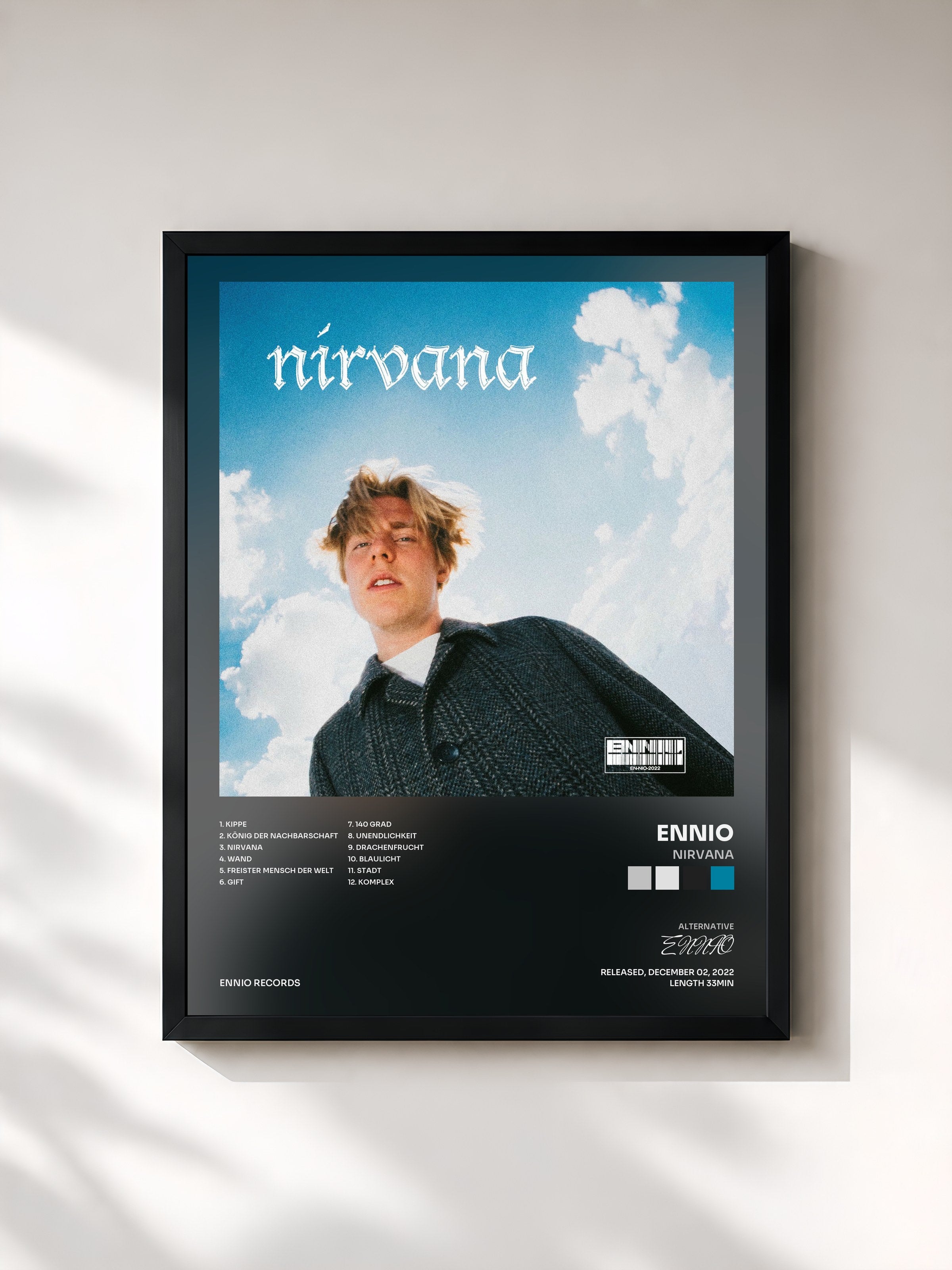 #noir Tableau de l'album Nirvana de ENNIO, cadre noir, imprimé et encadré en France